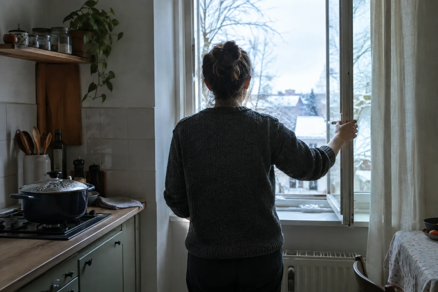 Une fenêtre est ouverte dans une cuisine après la préparation d’un repas.
