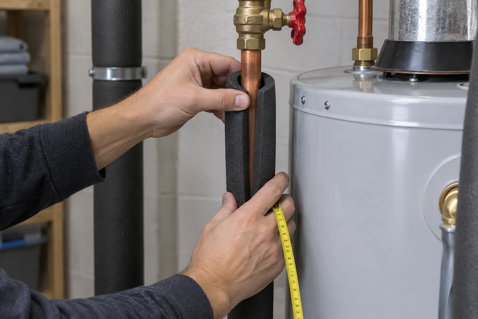 Des mains ajustent un manchon isolant autour d’un tuyau près du chauffe-eau.