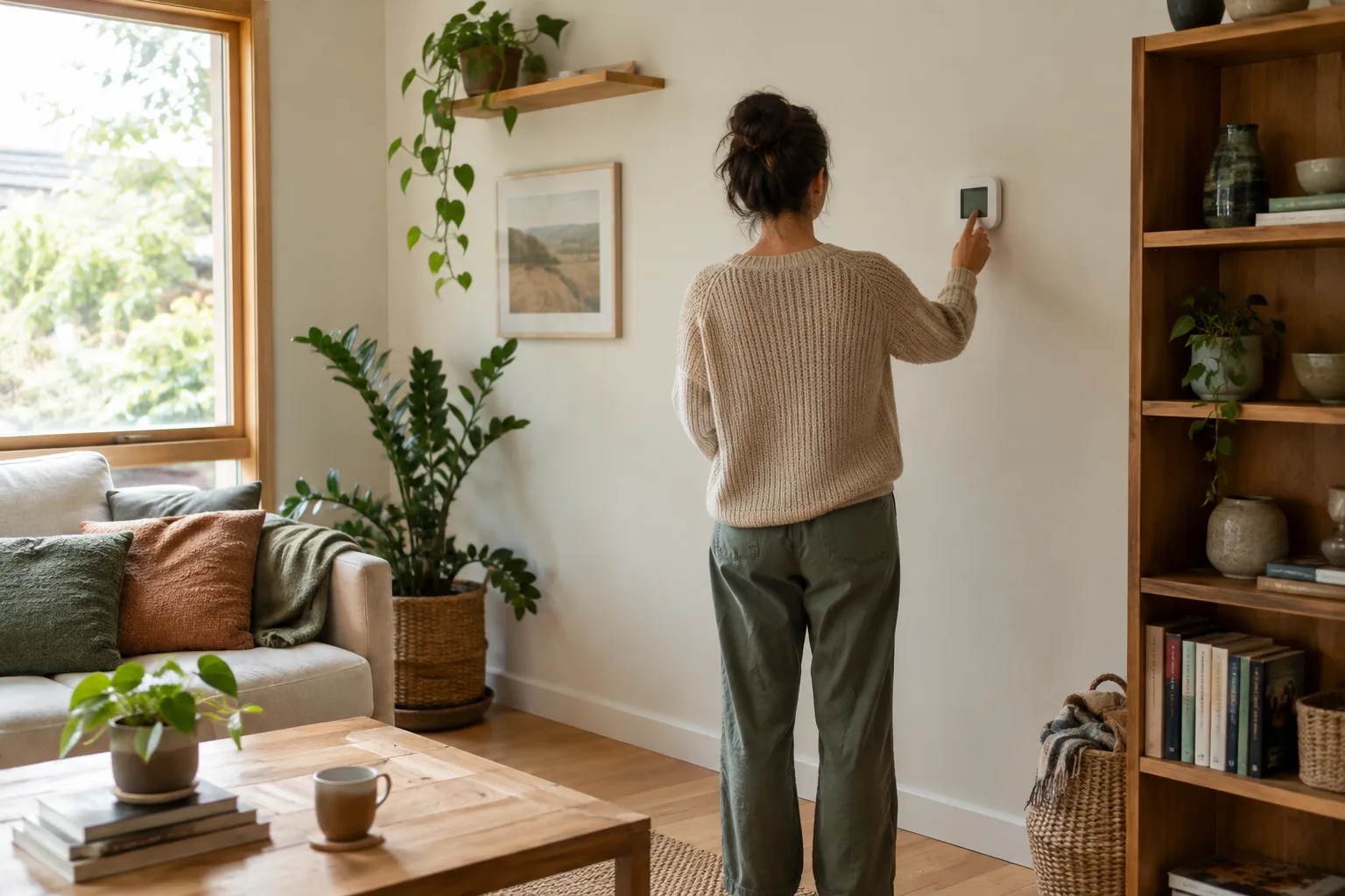 Thermostat mural installé dans une pièce de vie, à l’écart d’un radiateur et d’une fenêtre.