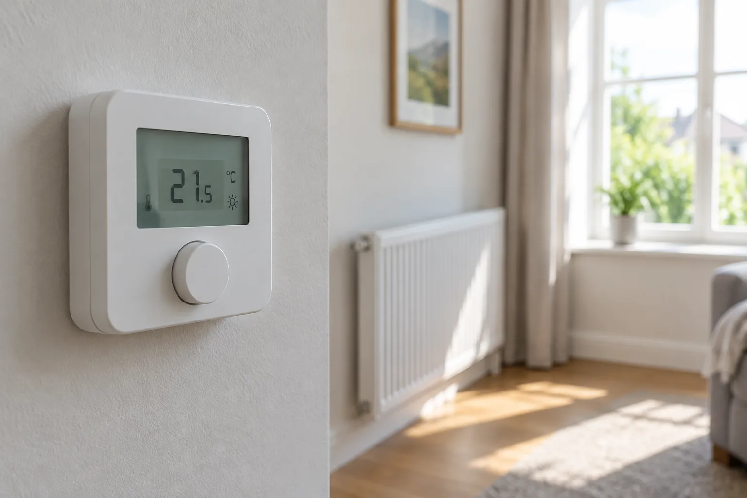 Thermostat fixé sur un mur dégagé, éloigné du radiateur et de la lumière directe du soleil.
