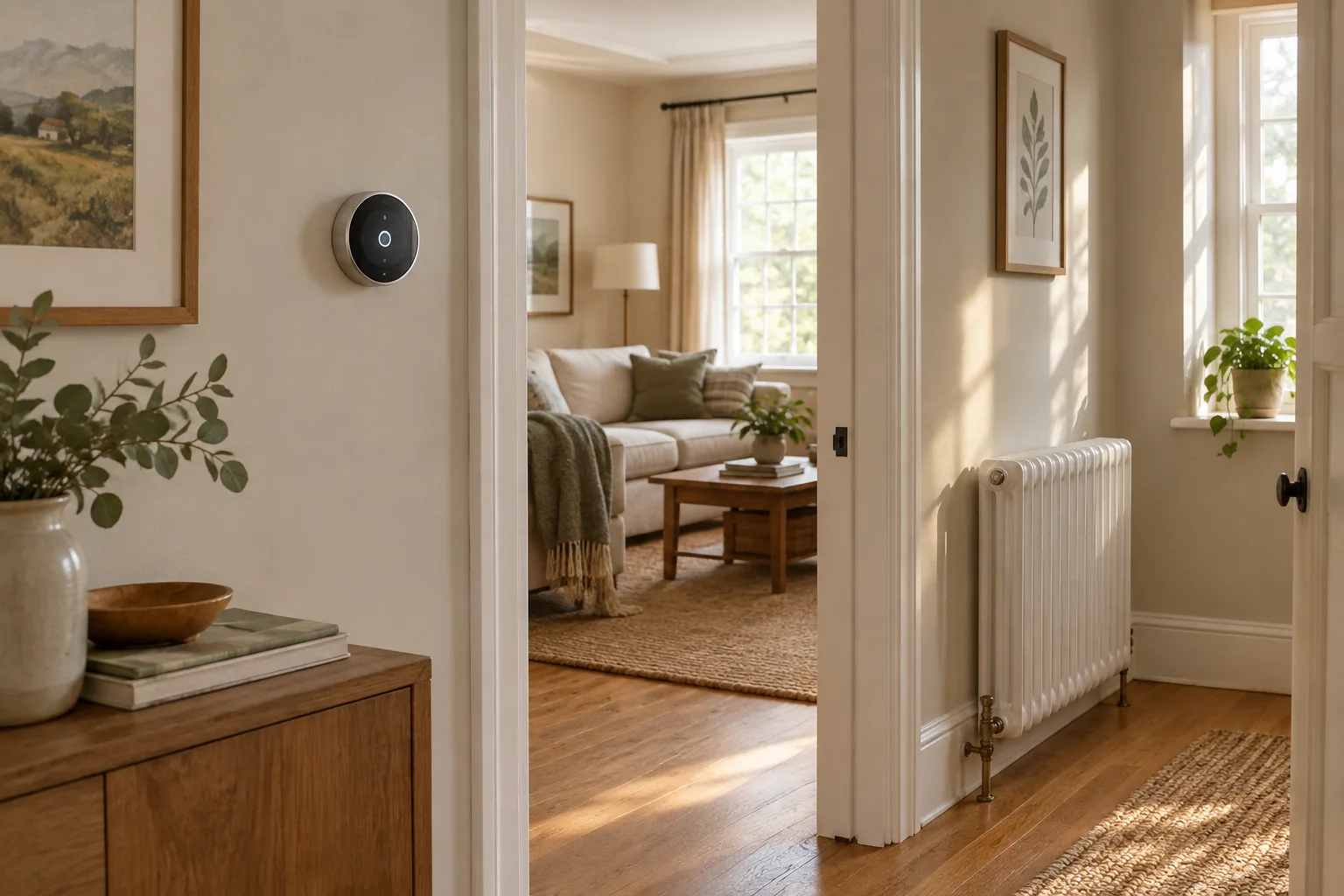 Thermostat mural installé dans une pièce de vie, à distance d’un radiateur et d’une fenêtre.