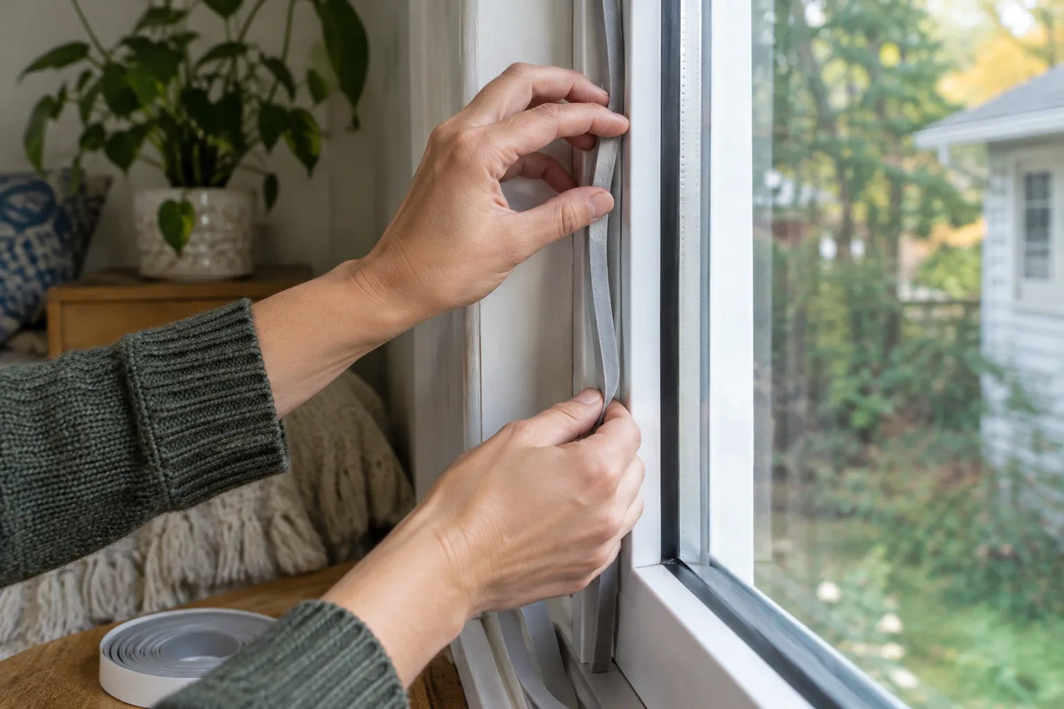 Des mains posent un joint autocollant sur le cadre d’une fenêtre.