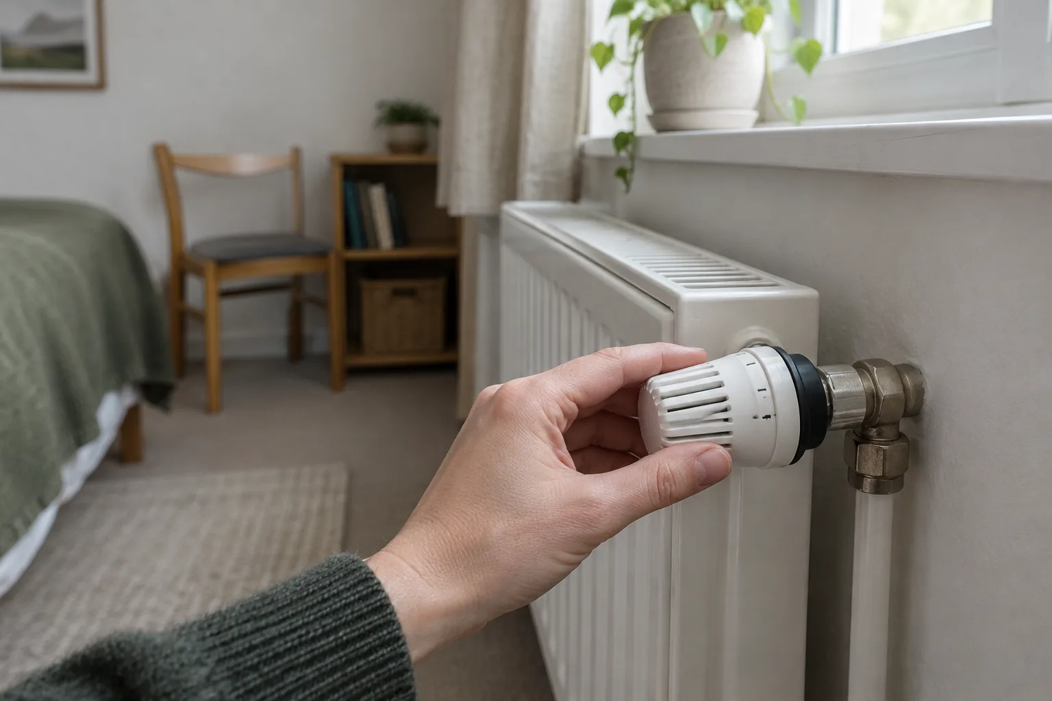 Une main règle doucement le robinet d’un radiateur dans une pièce peu utilisée.
