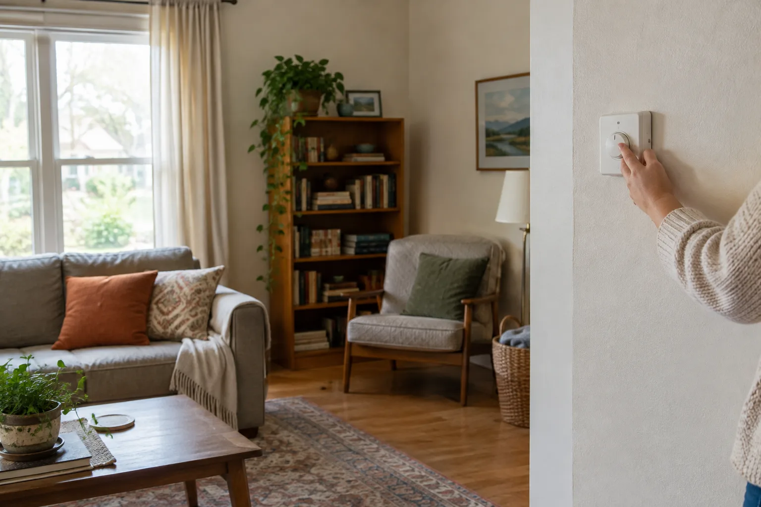 Une main ajuste le robinet thermostatique d’un radiateur dans une pièce sobrement aménagée.