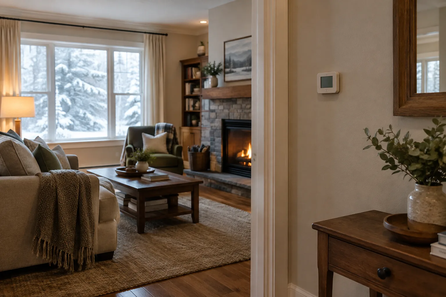 Un thermostat mural dans un séjour lumineux et sobrement aménagé.
