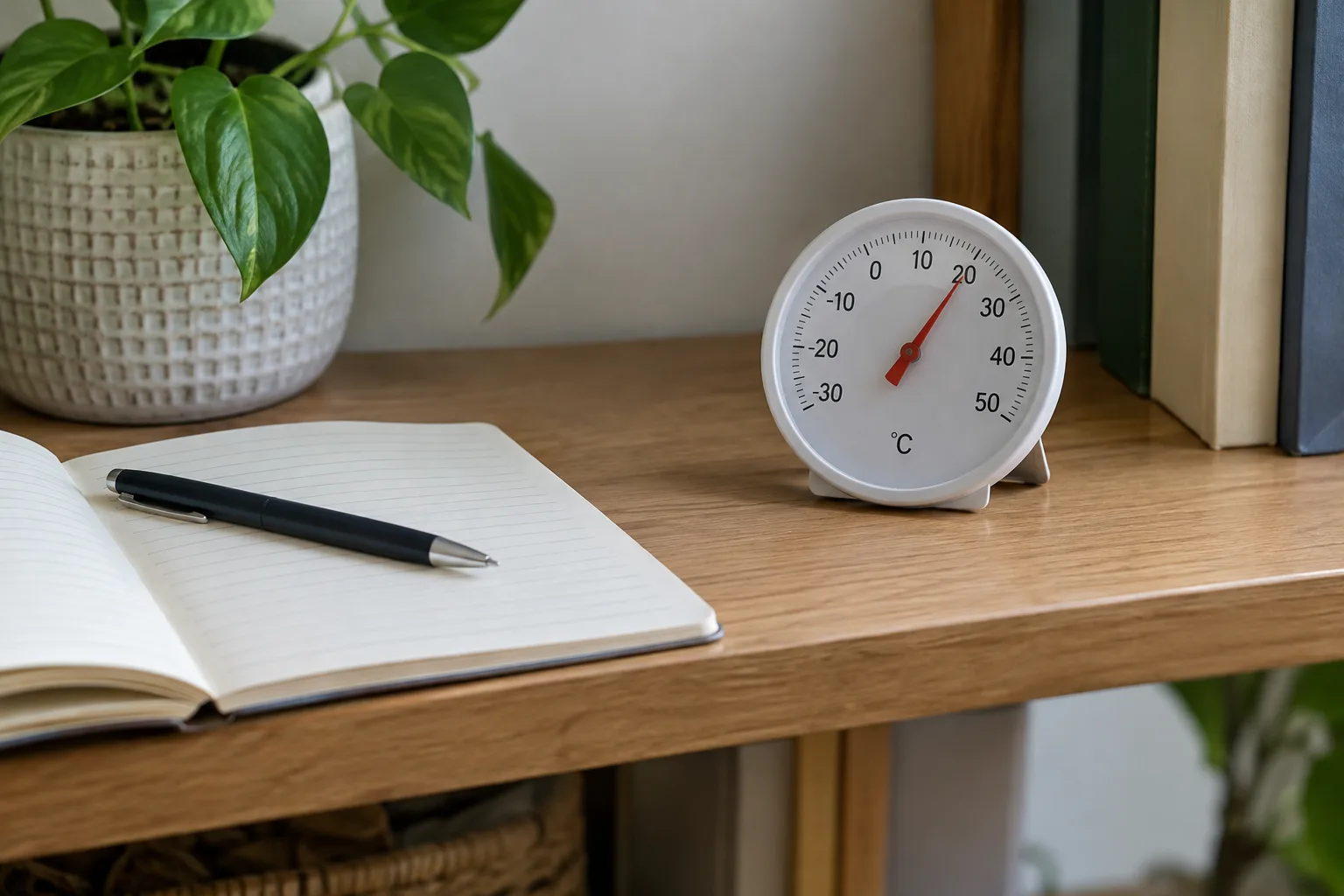 Un thermomètre et un carnet posés sur une étagère permettent de suivre la température d’une pièce.