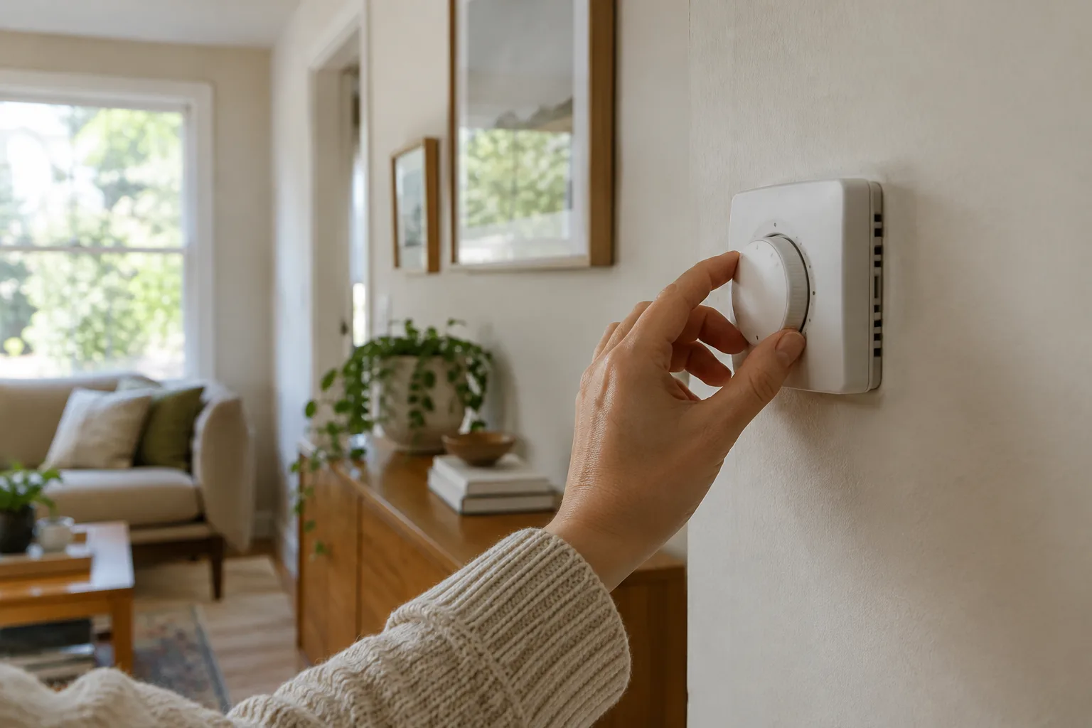 Une main ajuste un thermostat mural dans une pièce lumineuse.
