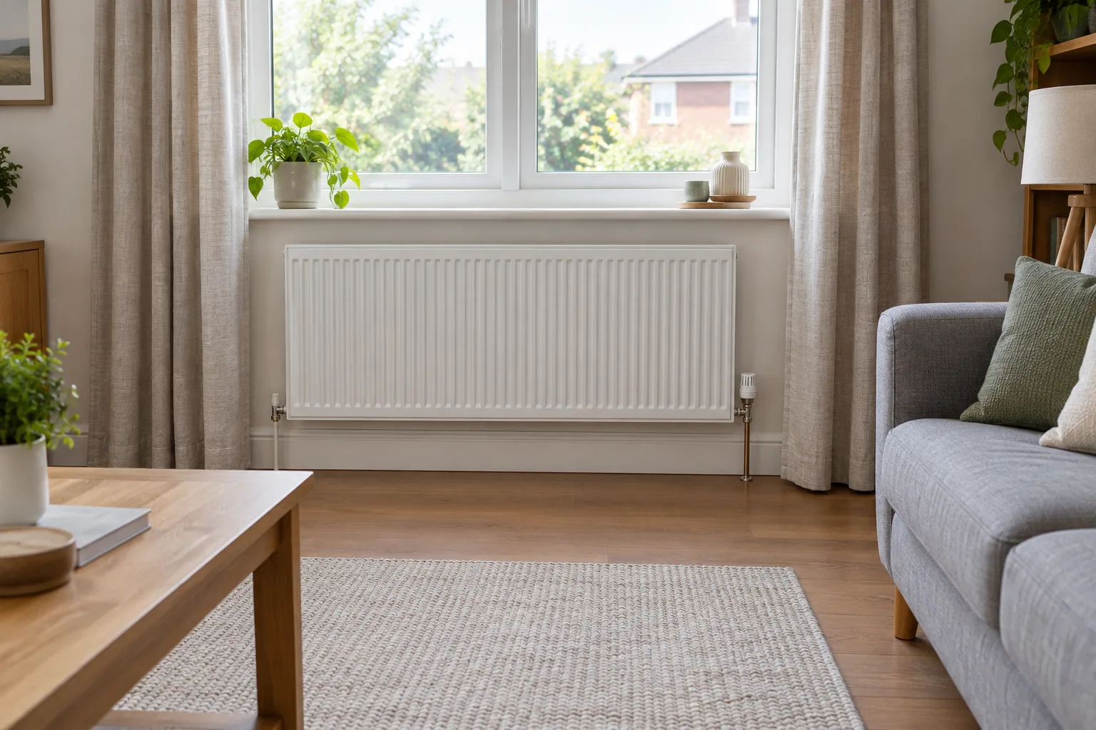 Un radiateur dégagé, avec les rideaux et les meubles maintenus à distance.