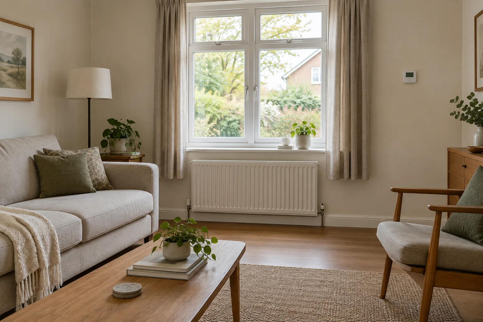 Un radiateur dégagé sous une fenêtre et un thermostat mural dans un séjour lumineux.