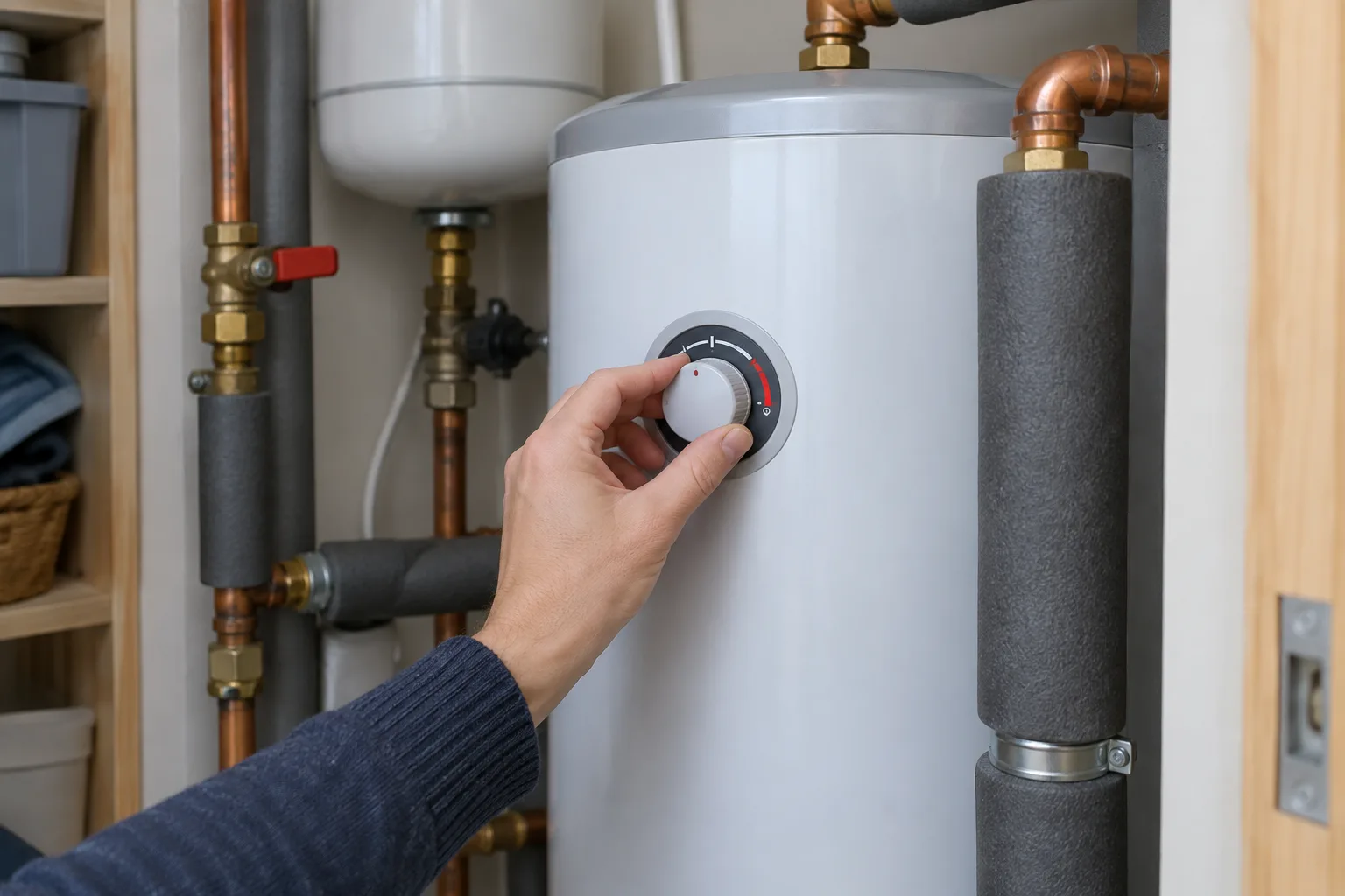 Une main vérifie la commande de température d’un chauffe-eau domestique.