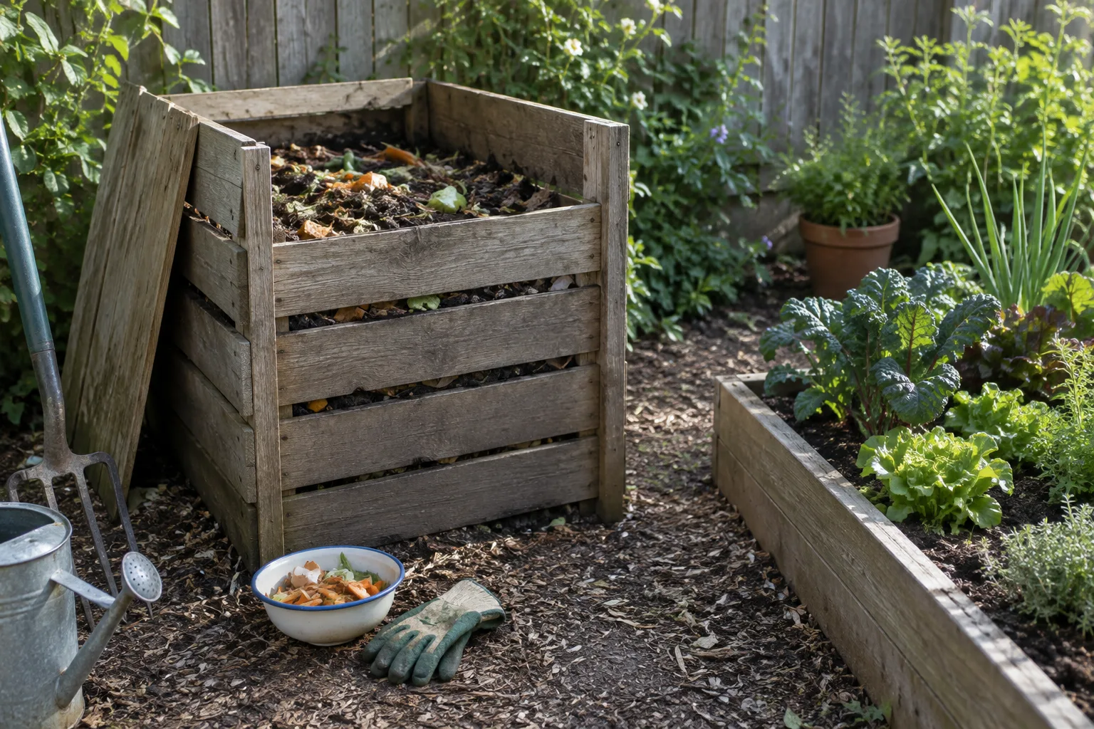 Un composteur de jardin placé près d’un petit bac de culture, avec des épluchures et des gants de jardinage.