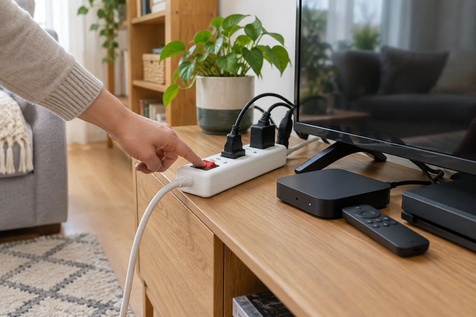 Une main éteint une multiprise près d’appareils de télévision.