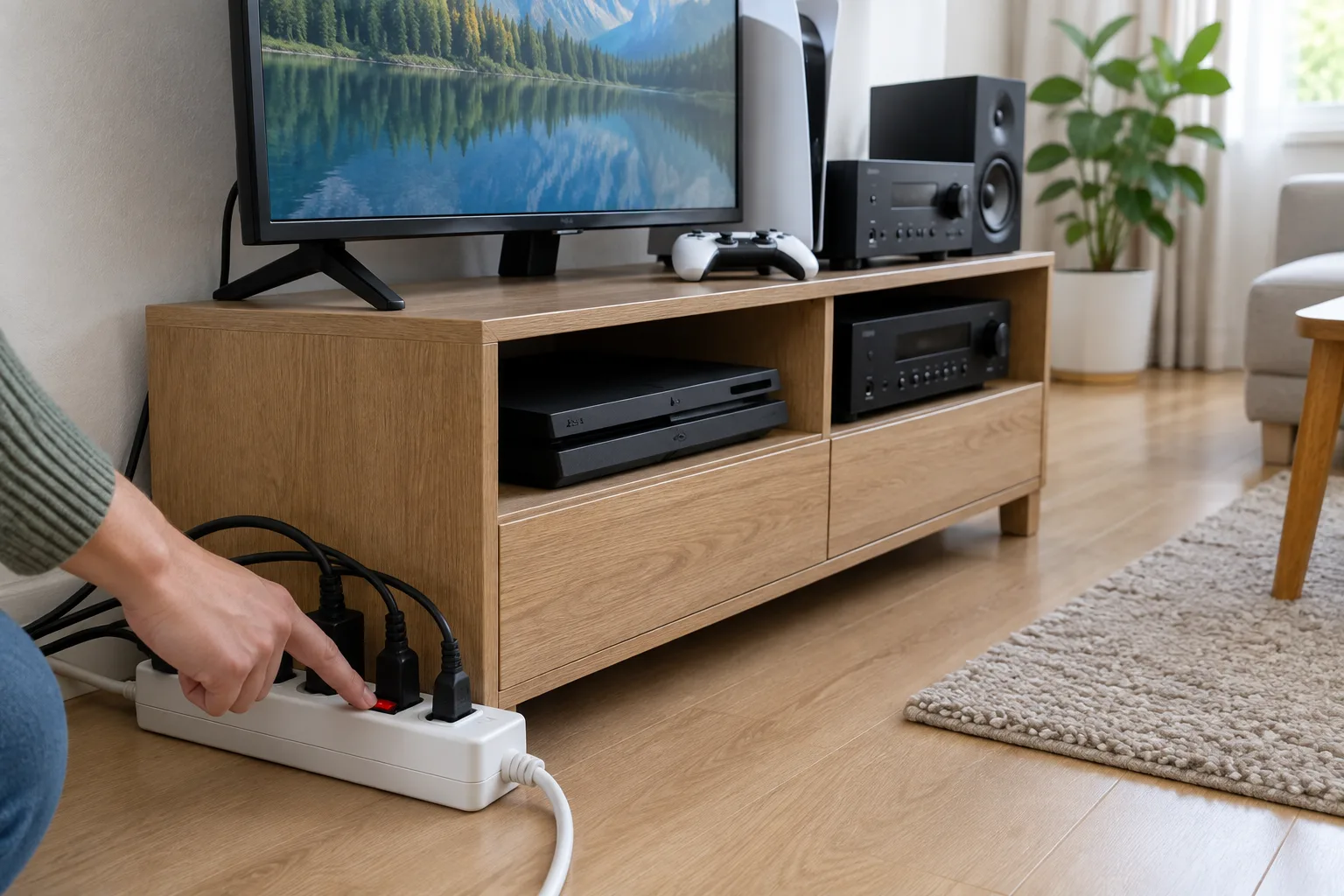 Une main éteint une multiprise qui alimente des appareils regroupés près d’un téléviseur.