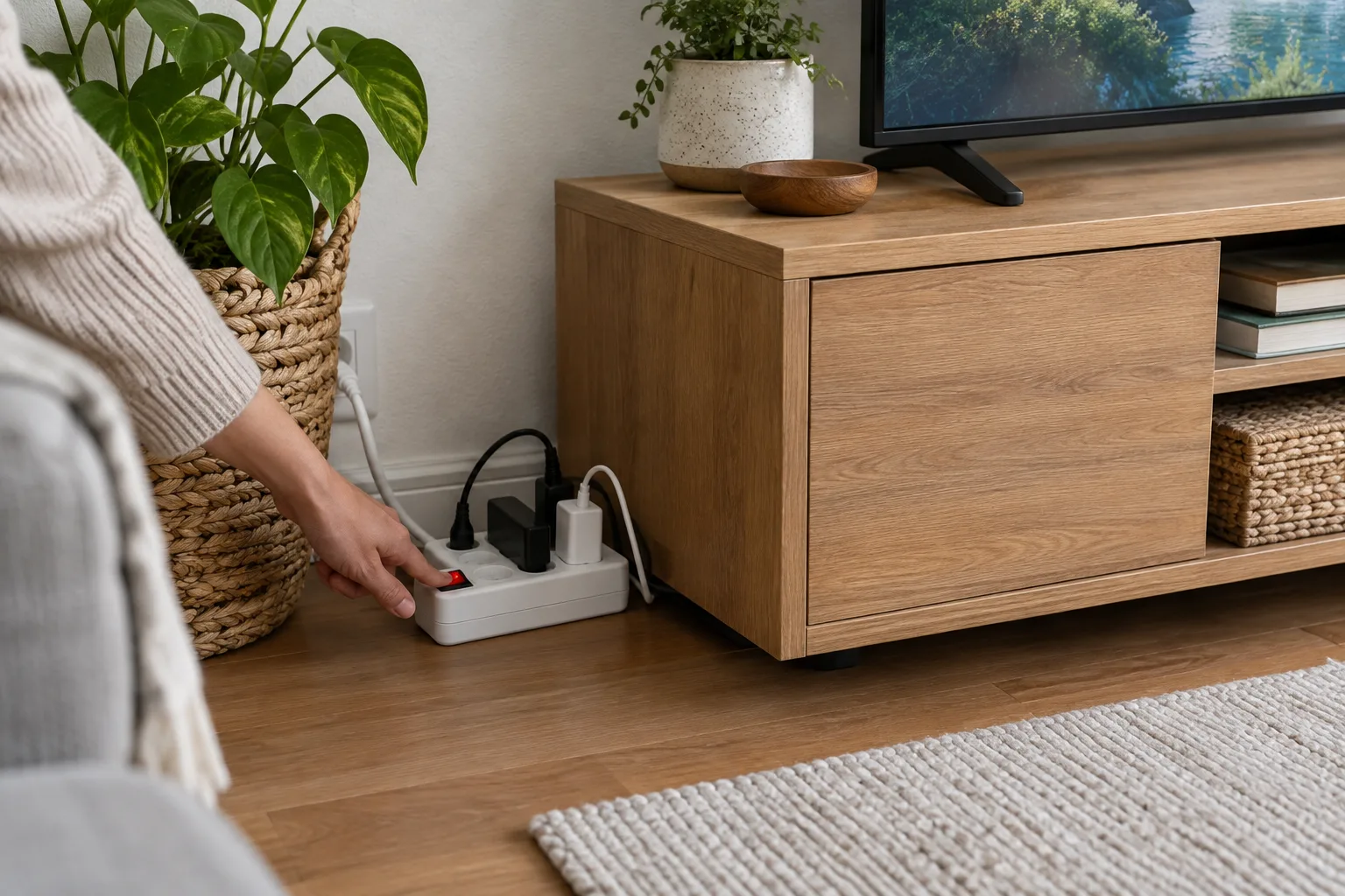 Une main actionne l’interrupteur d’une multiprise près d’un meuble de télévision.