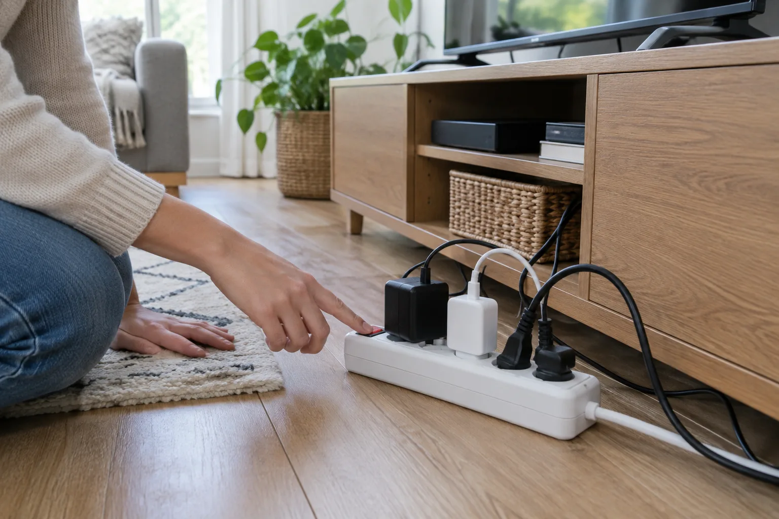 Une personne examine les prises et l’interrupteur d’une multiprise près d’un meuble de télévision.