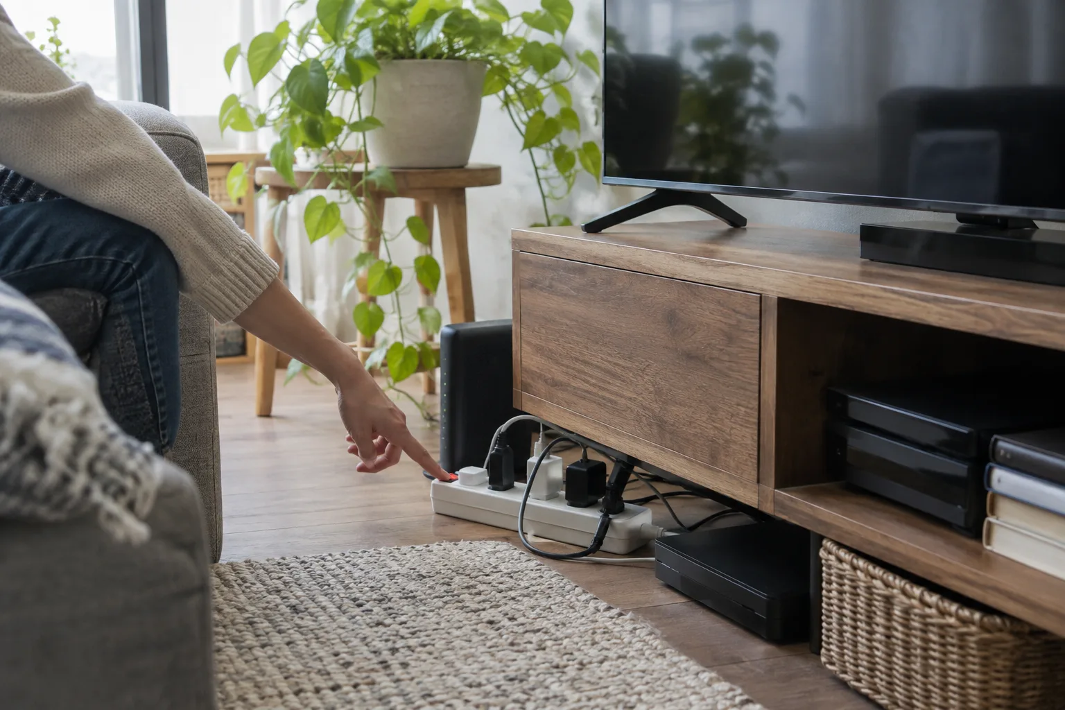 Une main s’apprête à éteindre une multiprise près d’appareils électroniques dans un salon.