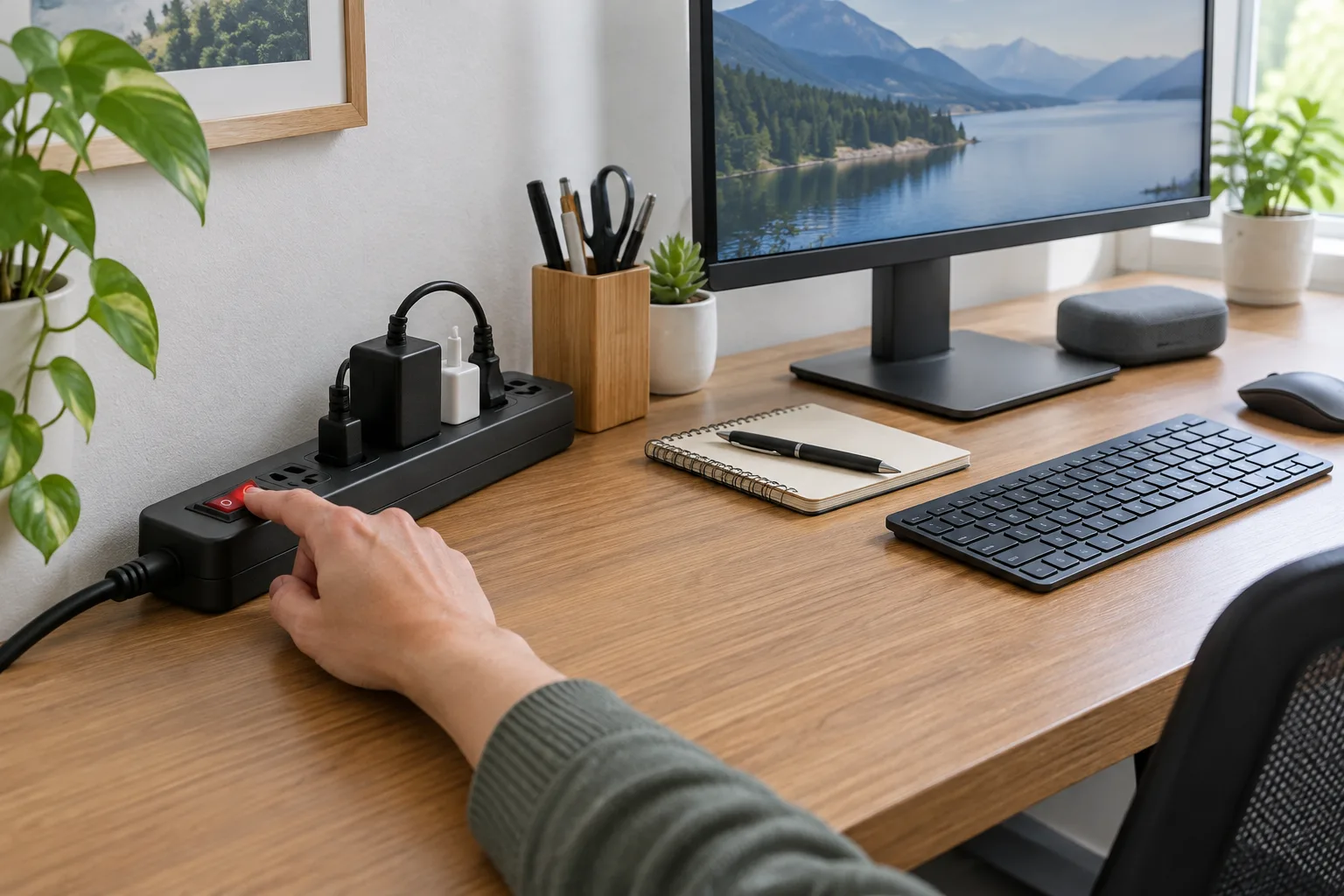 Une main éteint une multiprise reliée aux équipements d’un bureau.