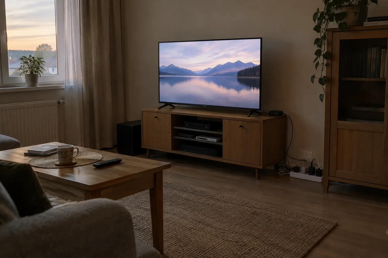 Un coin télévision avec plusieurs appareils reliés à une multiprise.