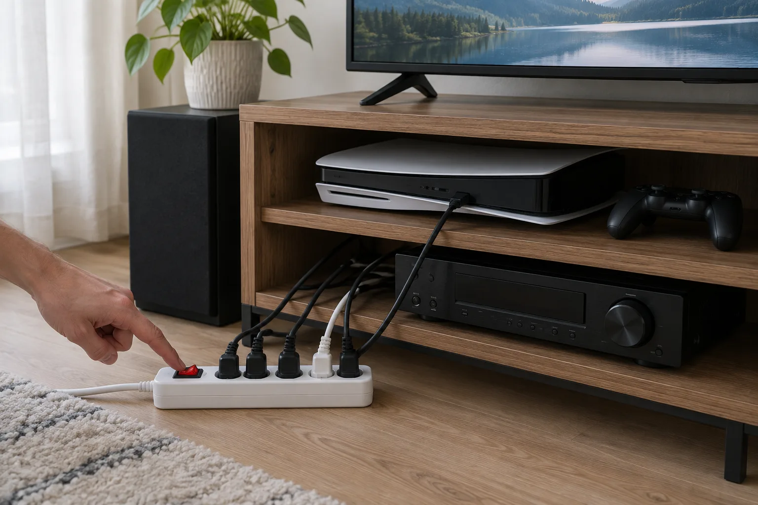 Une main s’apprête à couper une multiprise raccordée aux appareils du salon.