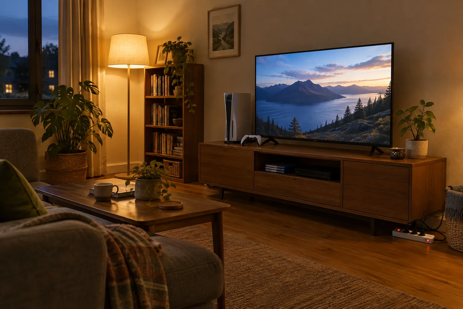 Un meuble de salon avec une télévision, une console et une multiprise à interrupteur.