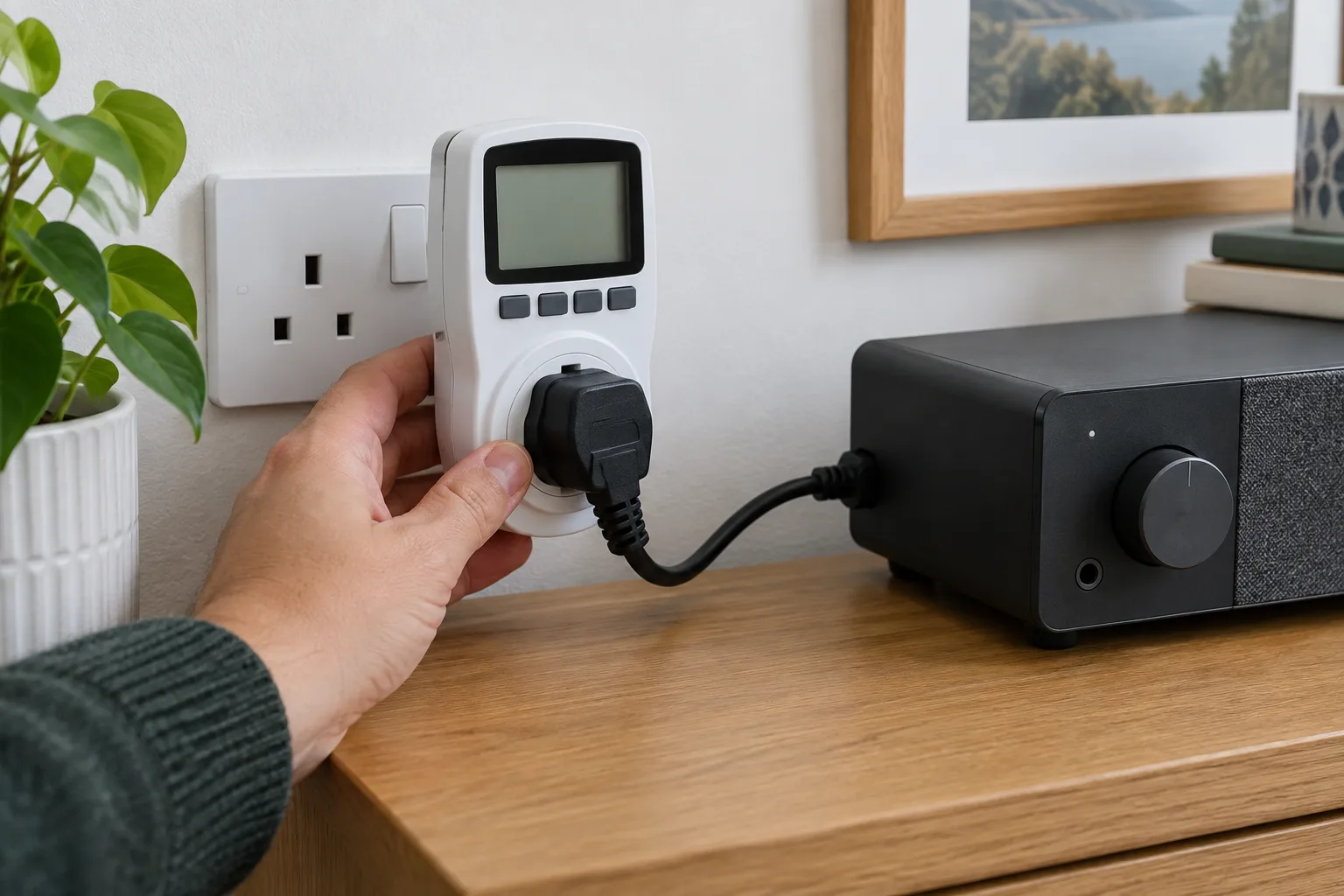 Un wattmètre branché entre une prise murale et un petit appareil audio.