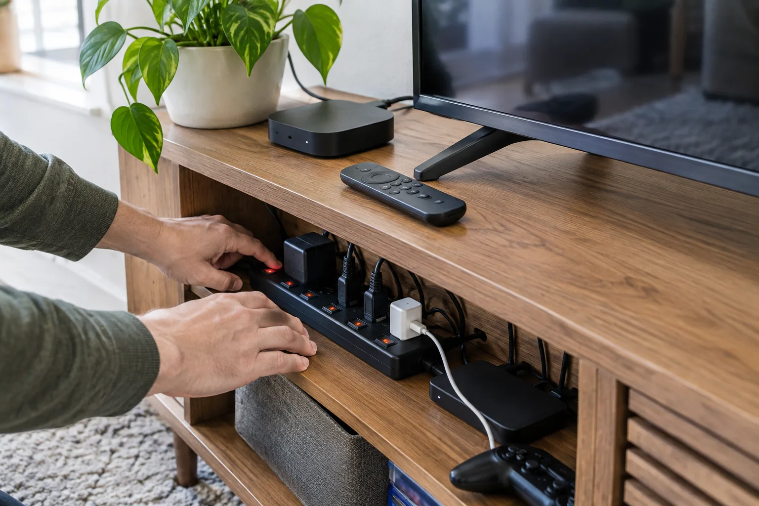 Une personne examine les appareils branchés près d’un téléviseur et de sa multiprise.