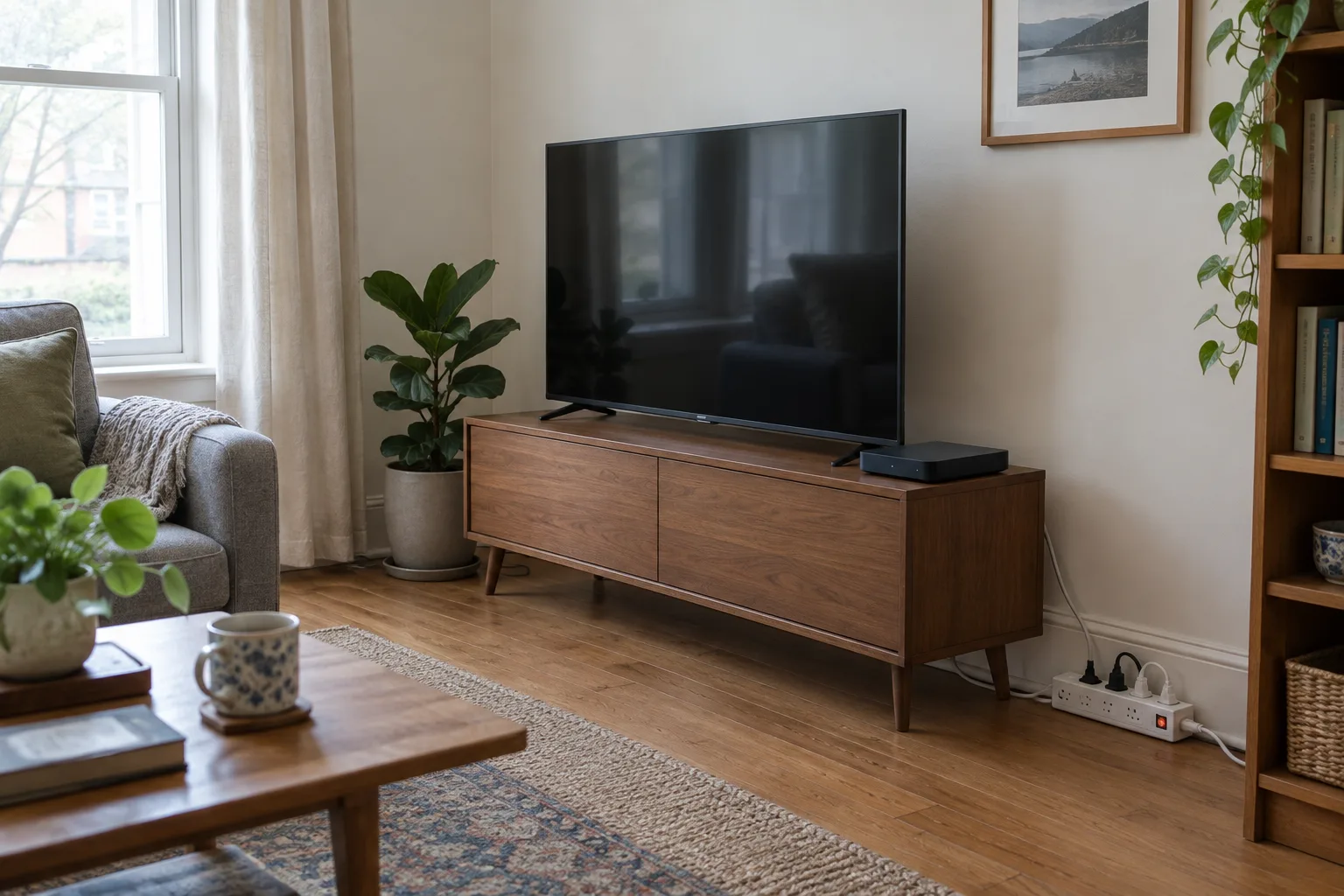 Un coin télévision avec plusieurs appareils reliés à une multiprise à interrupteur.