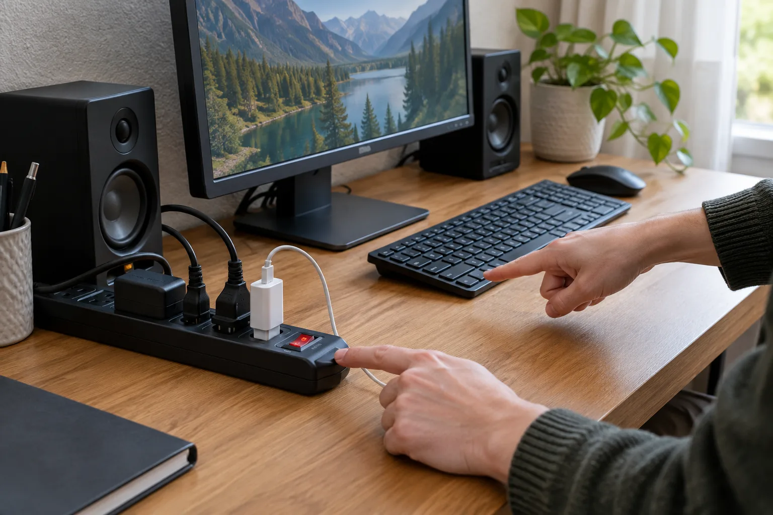 Des mains repèrent les appareils d’un bureau reliés à une multiprise avec interrupteur.