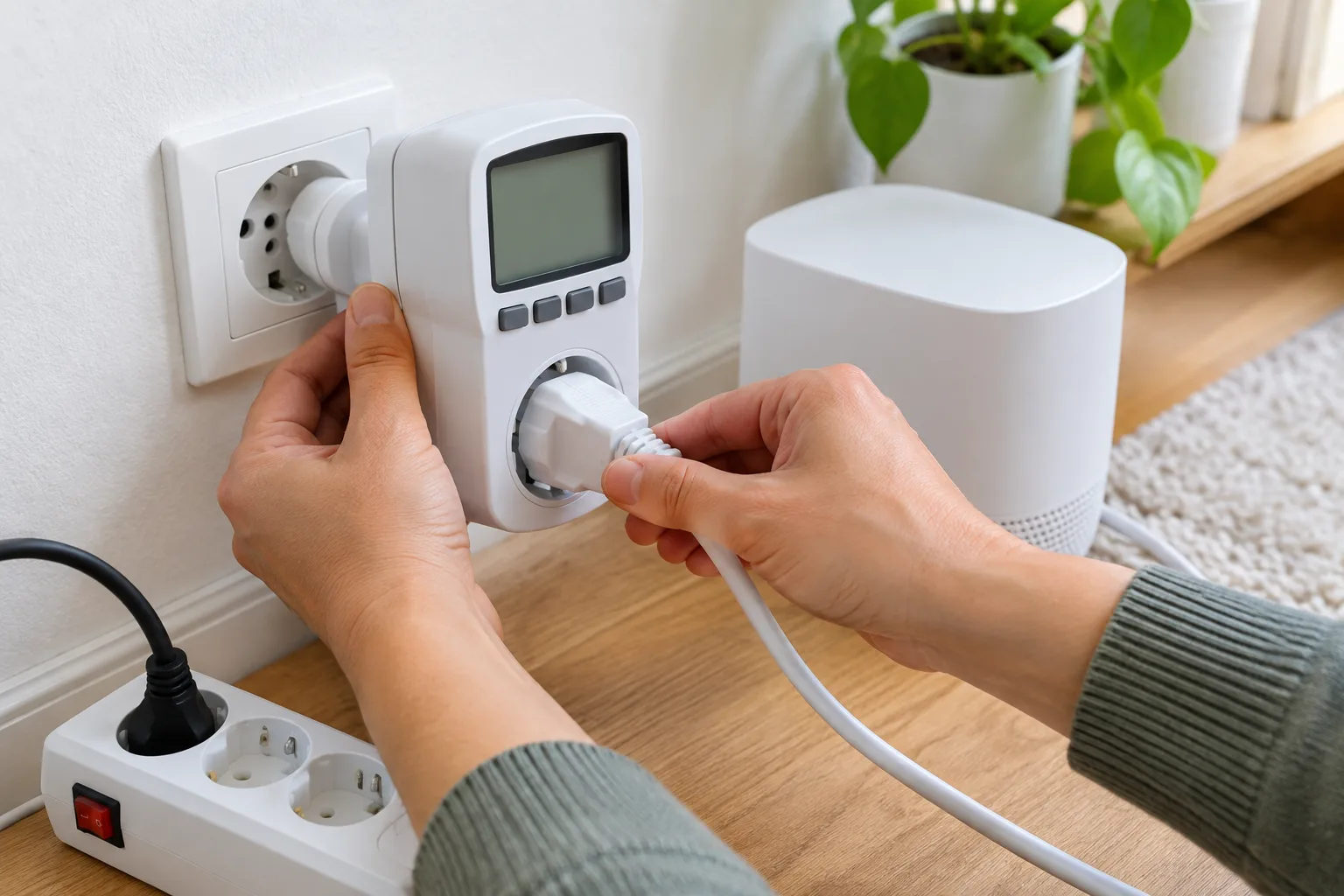 Un wattmètre branché entre une prise et un appareil électronique domestique.