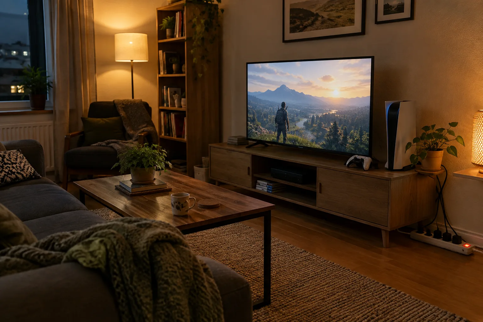Une multiprise avec interrupteur près d’un téléviseur et d’une console dans un salon.