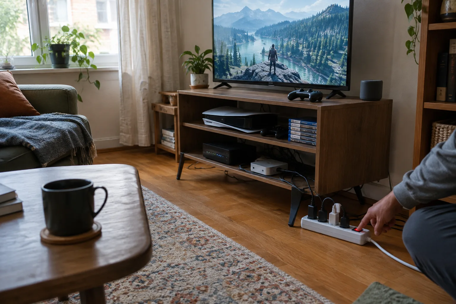 Une main s’apprête à couper une multiprise près d’un téléviseur et d’une console.