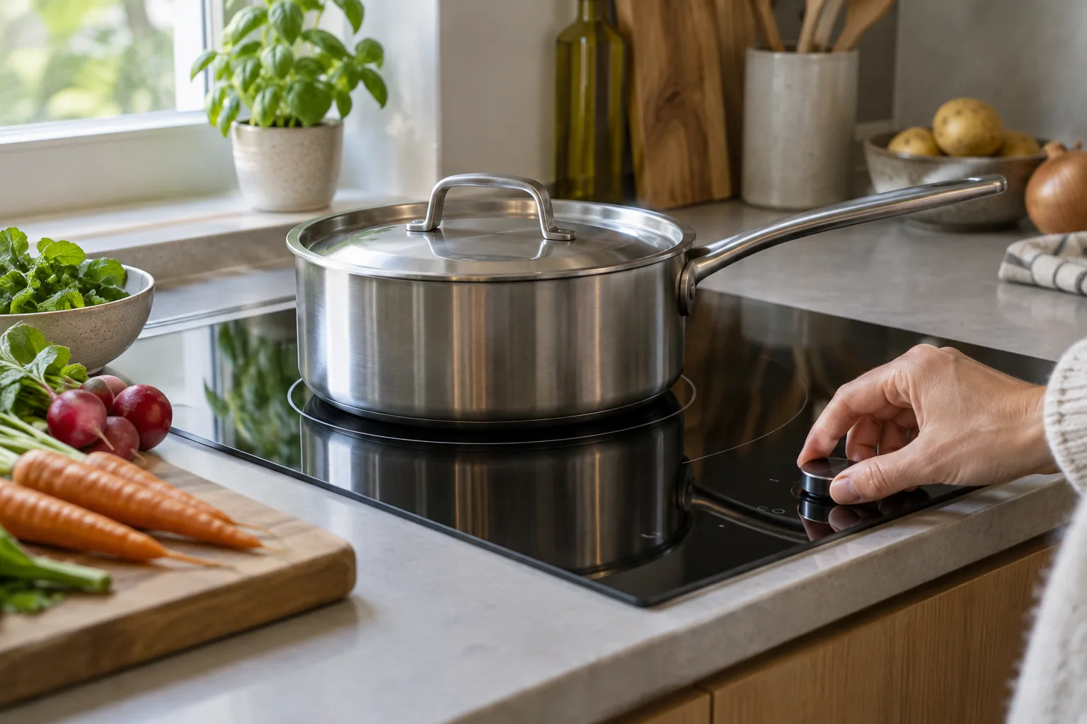 Une casserole munie d’un couvercle est posée sur une zone de cuisson adaptée à sa taille.