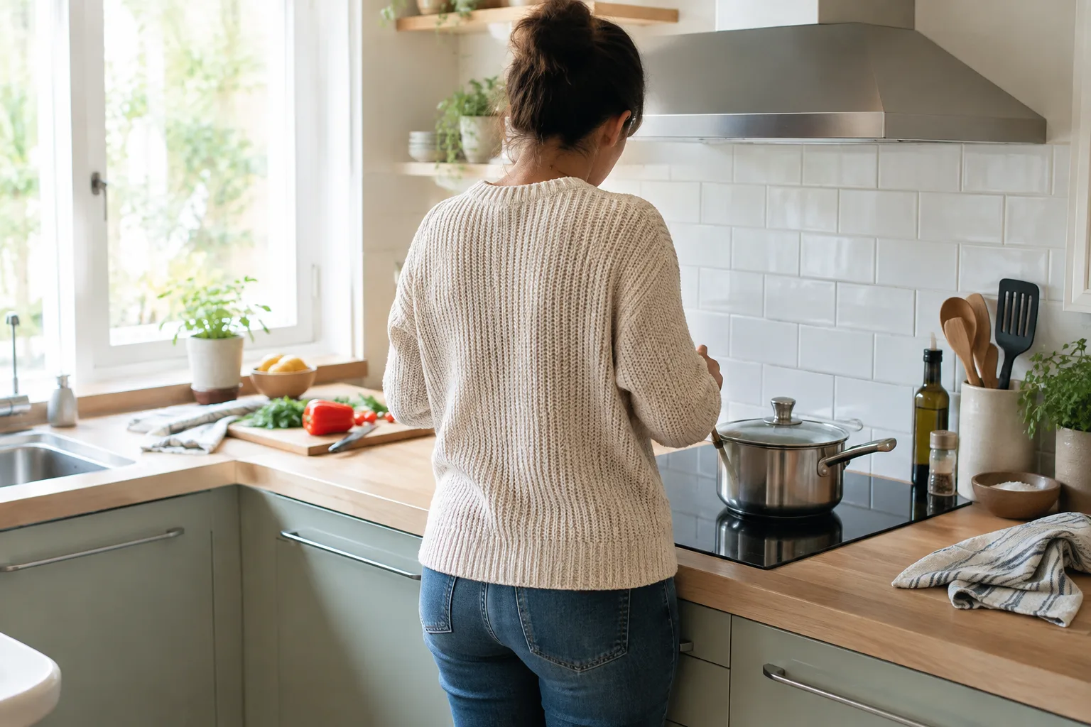 Une casserole couverte chauffe sur une plaque de cuisson dans une cuisine lumineuse.