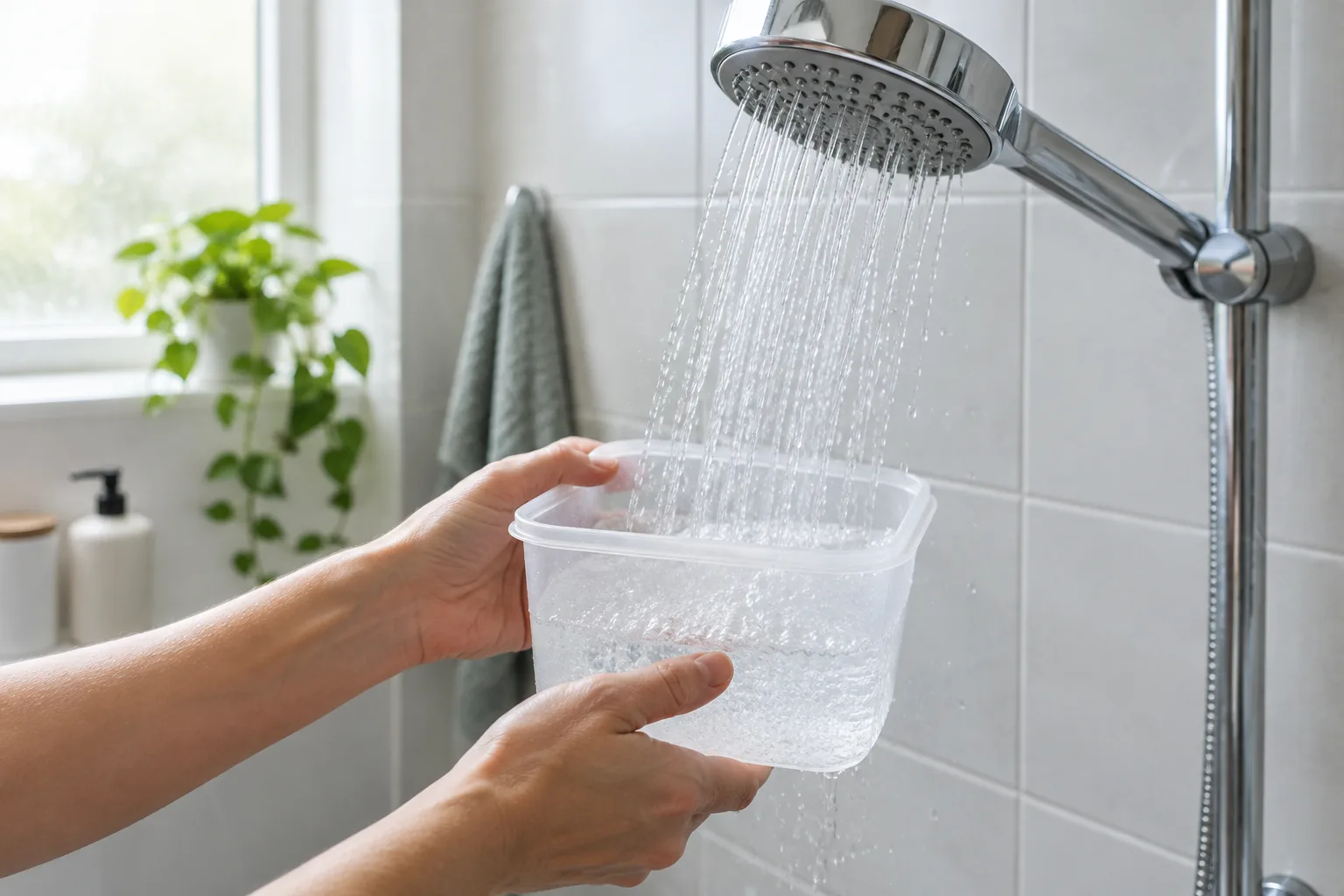 De l’eau de douche est recueillie dans un récipient pour observer le débit.