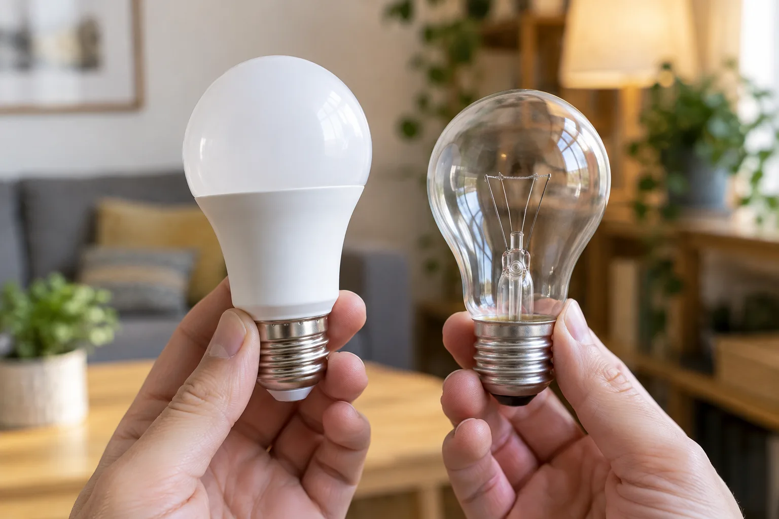 Une main compare une ampoule LED et une ampoule traditionnelle dans un intérieur.