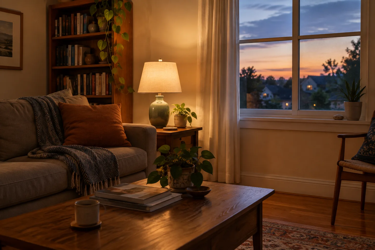 Une lampe LED éclaire doucement un coin de séjour en fin de journée.