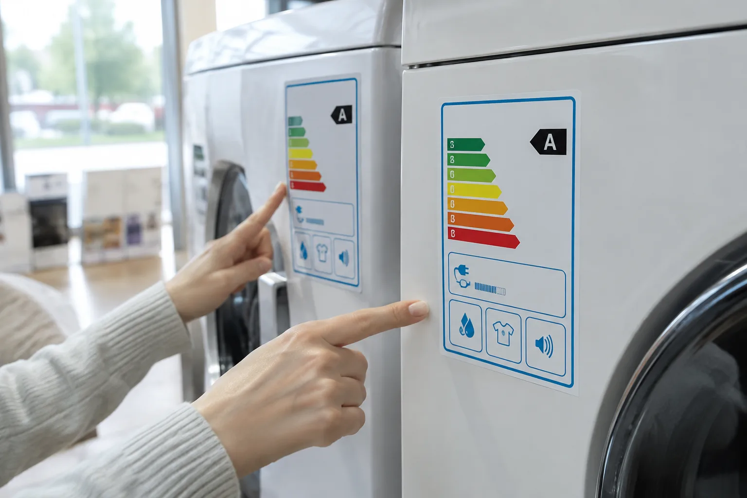 Une personne compare les étiquettes énergie de deux appareils électroménagers.
