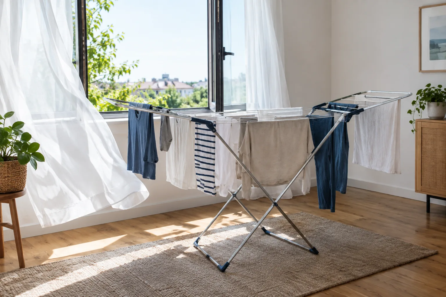 Un séchoir pliant placé dans une pièce lumineuse, près d’une fenêtre et à distance du radiateur.