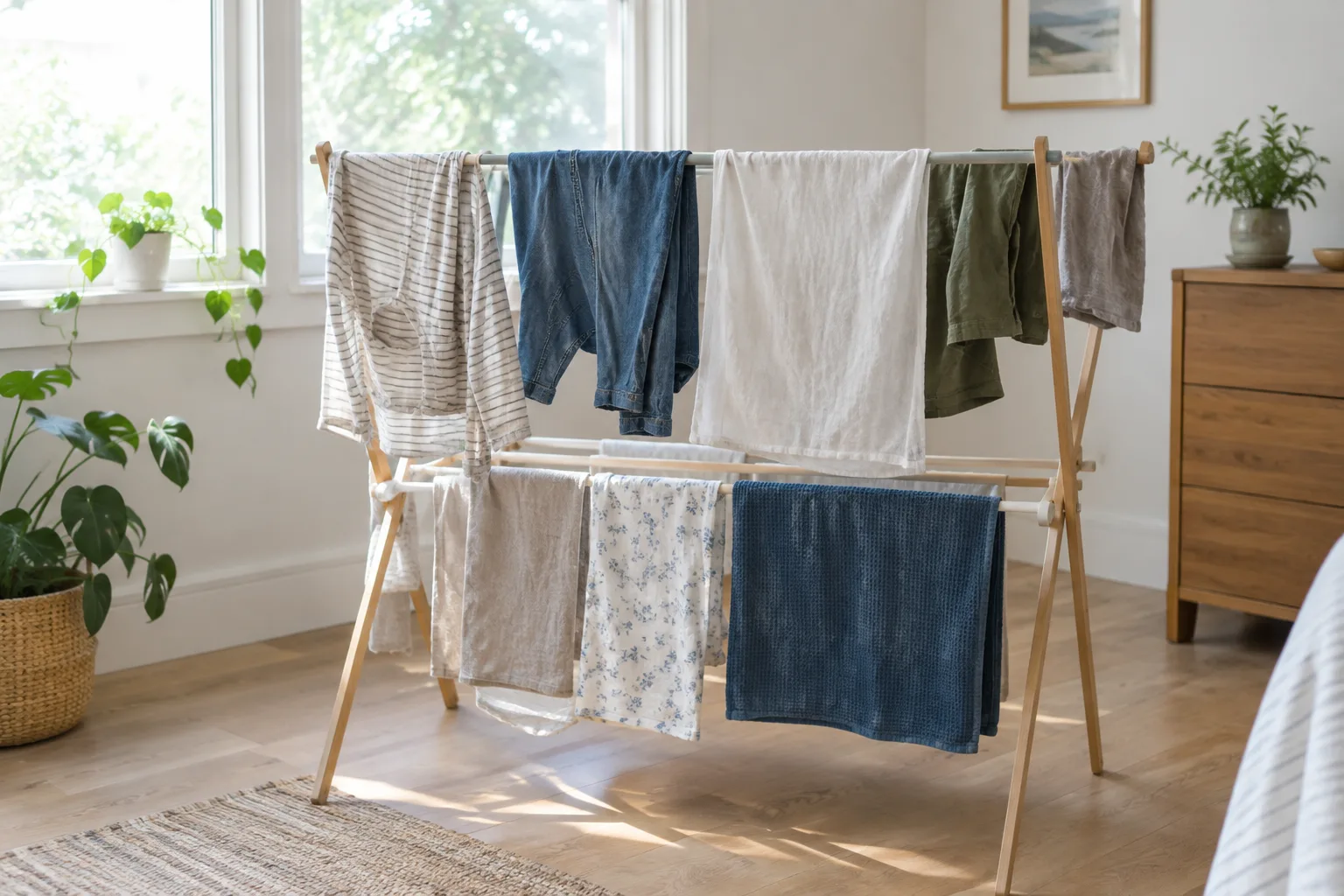Un étendoir avec du linge espacé près d’une fenêtre dans une pièce lumineuse.