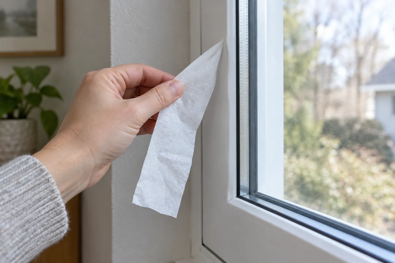 Une main approche une fine bande de papier du bord d’une fenêtre fermée pour repérer un courant d’air.