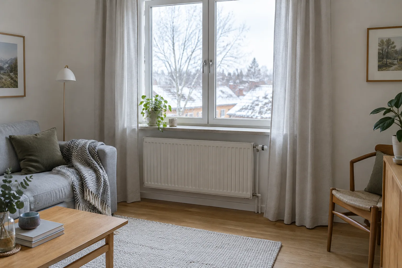 Une fenêtre fermée avec un rideau et un radiateur dégagé dans une pièce lumineuse.
