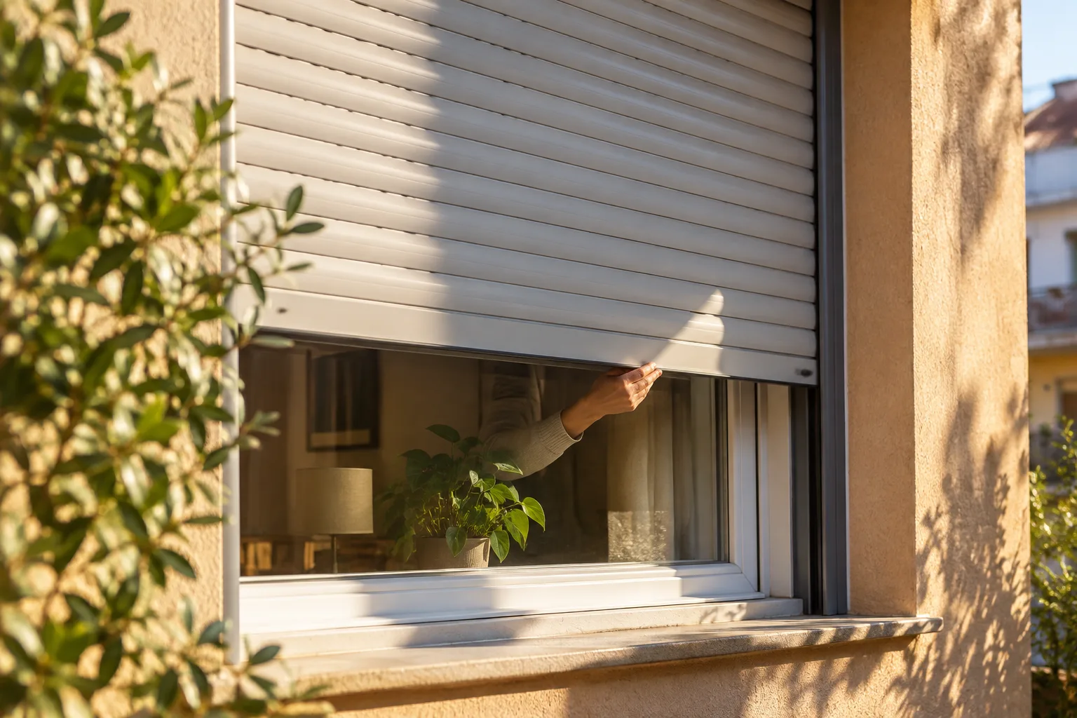 Un volet extérieur est abaissé devant une fenêtre exposée au soleil.
