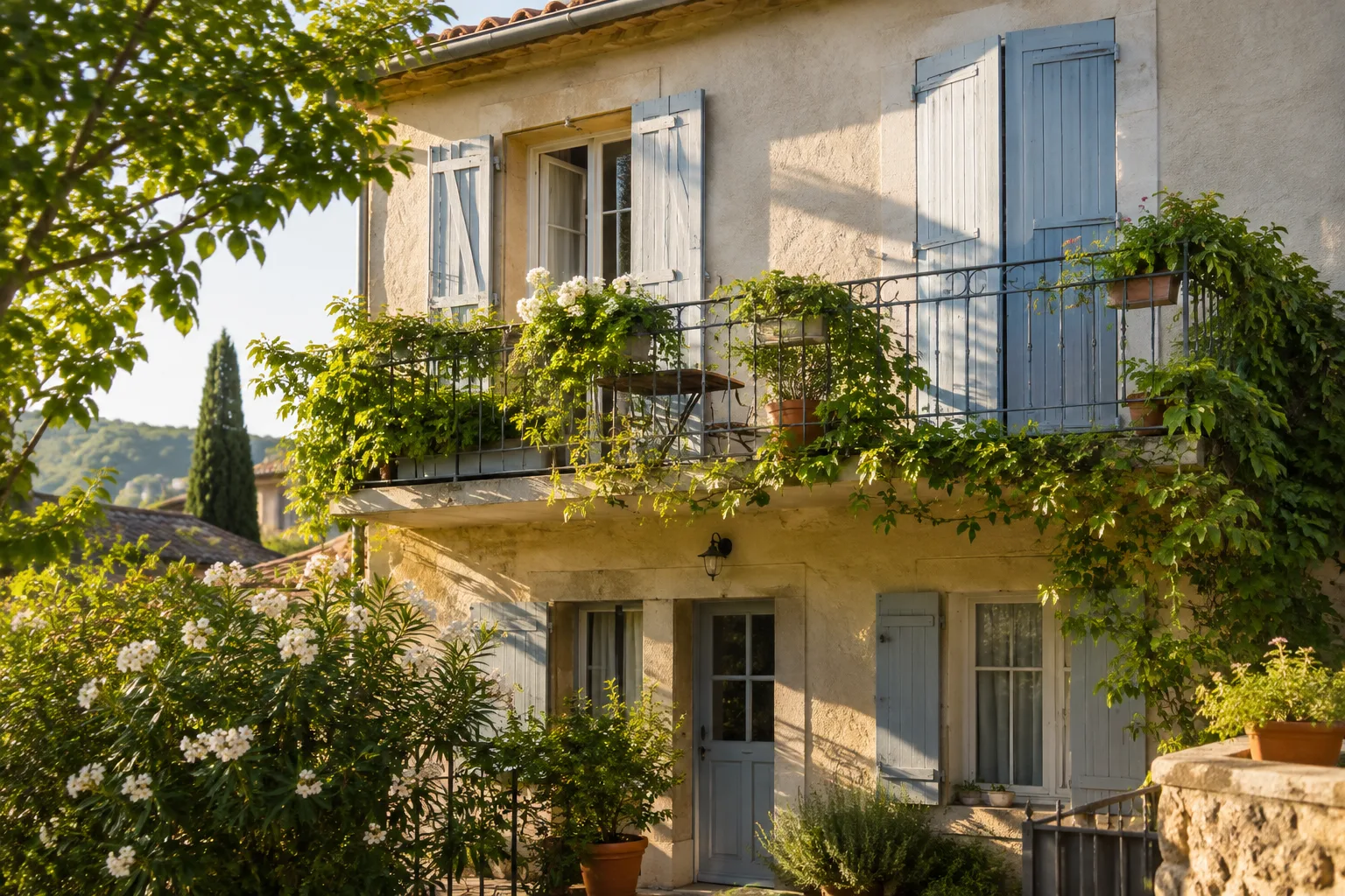 Volets extérieurs fermés sur une façade ensoleillée pour protéger le logement de la chaleur.