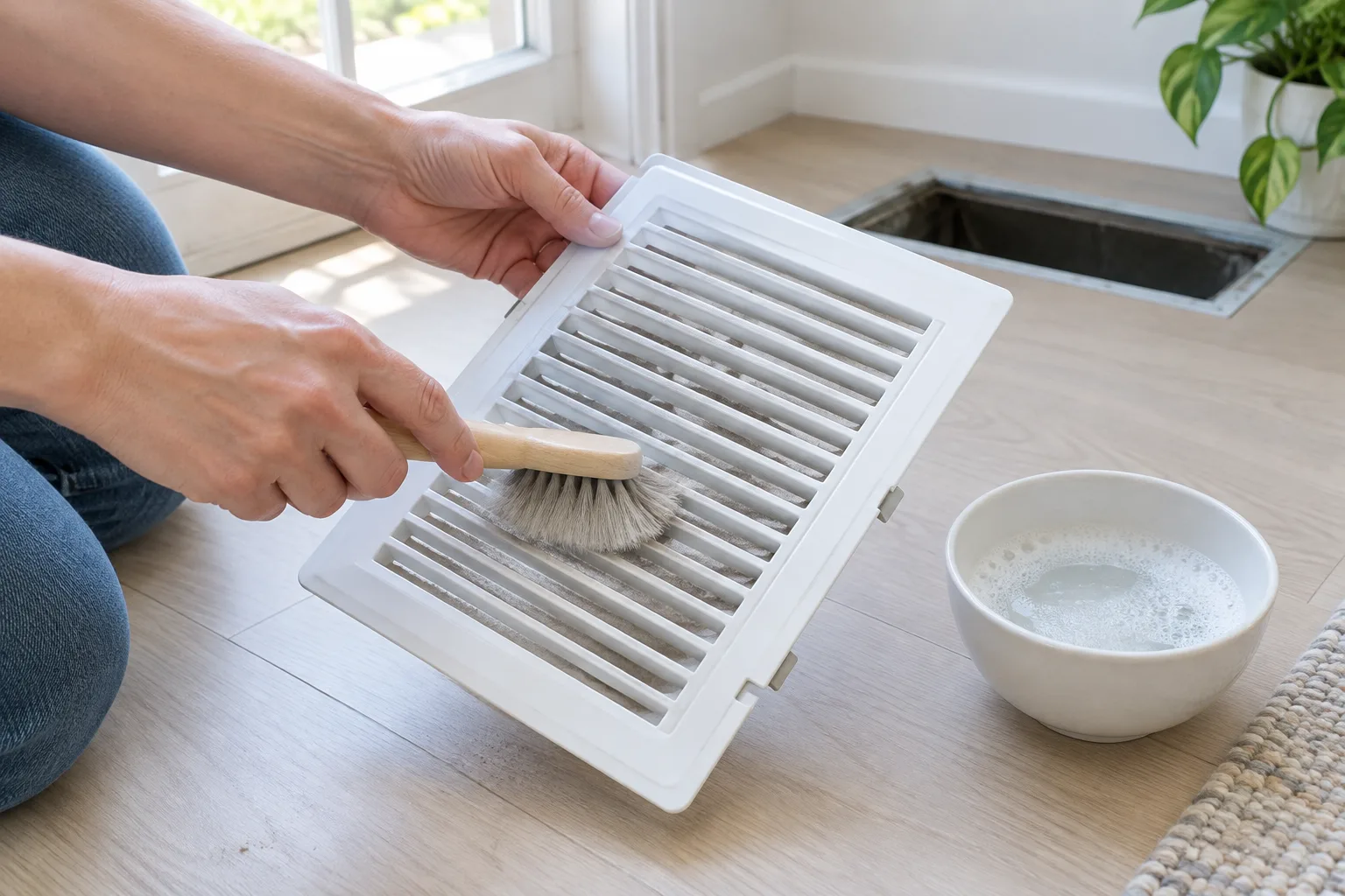 Une brosse souple retire la poussière d’une grille de ventilation démontée.