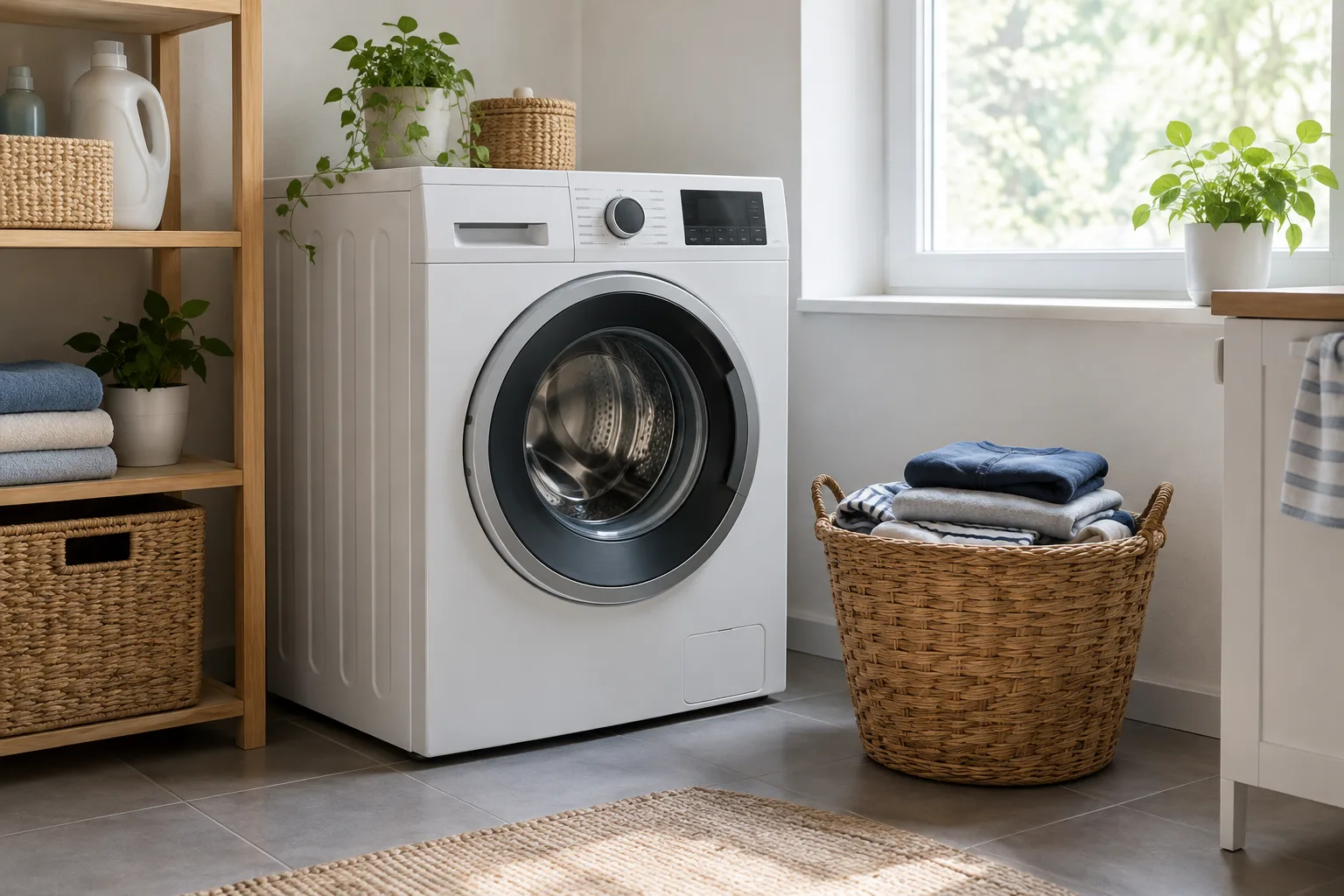 Un lave-linge dans une buanderie lumineuse, avec un panier de linge plié à proximité.