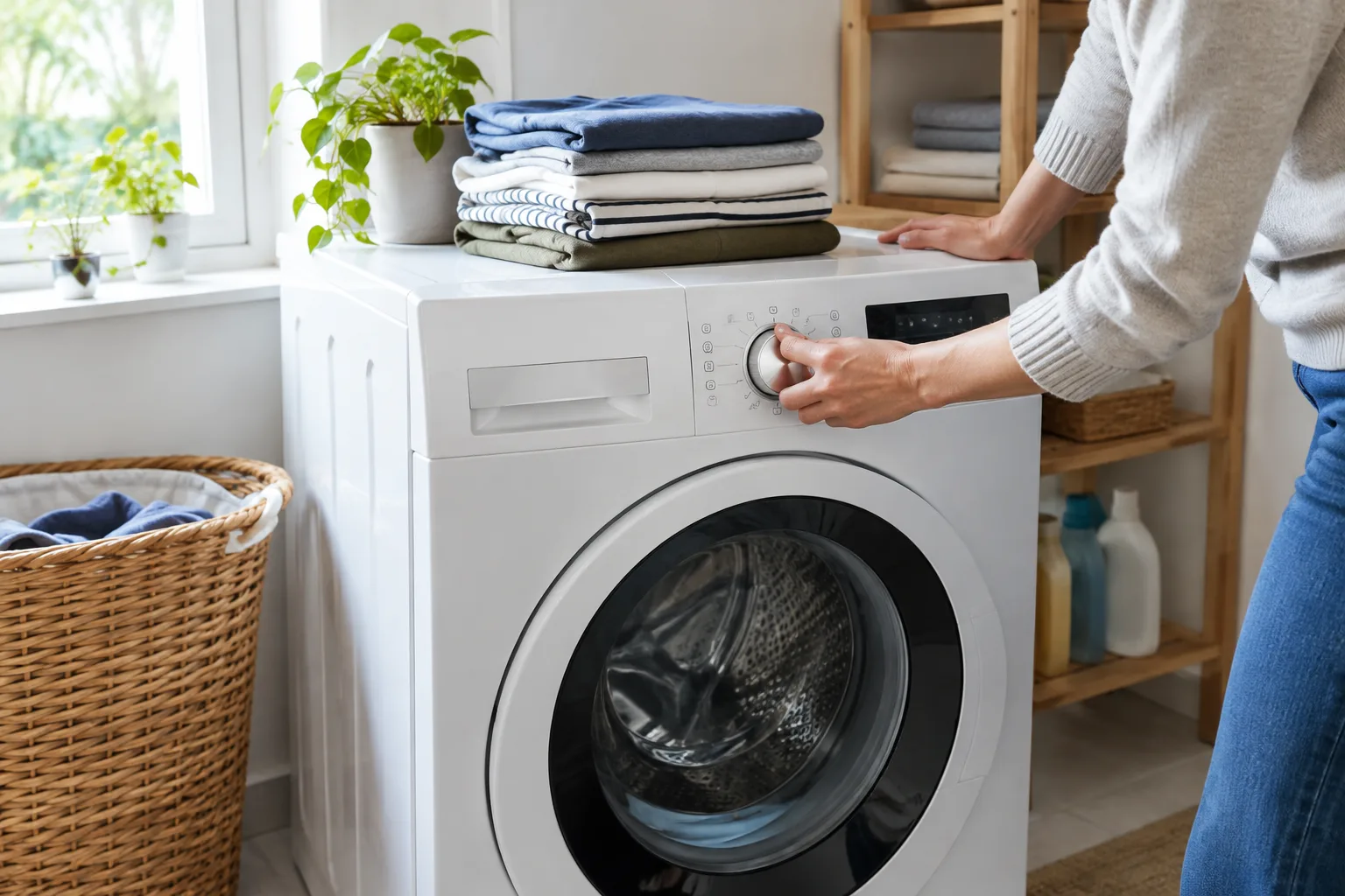 Une personne règle un programme à basse température sur un lave-linge, avec du linge propre à proximité.