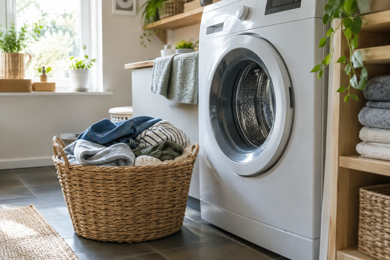 Un panier de linge posé près d’un lave-linge dans une buanderie lumineuse.