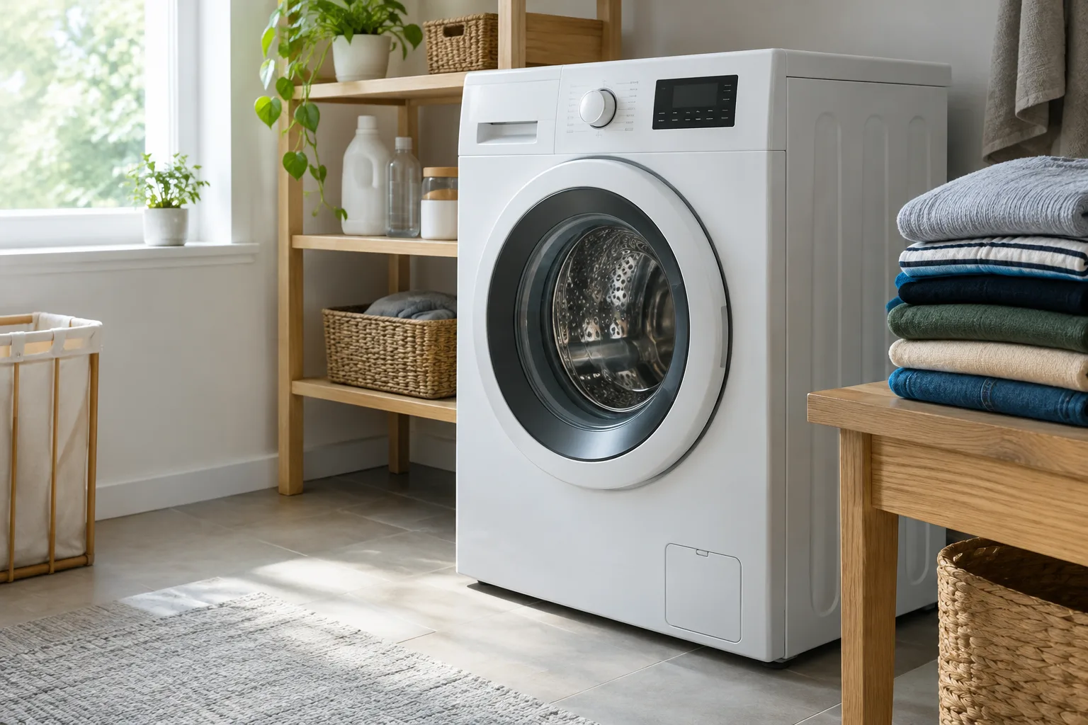 Un lave-linge dans un espace de lessive lumineux, avec une pile de vêtements pliés à côté.