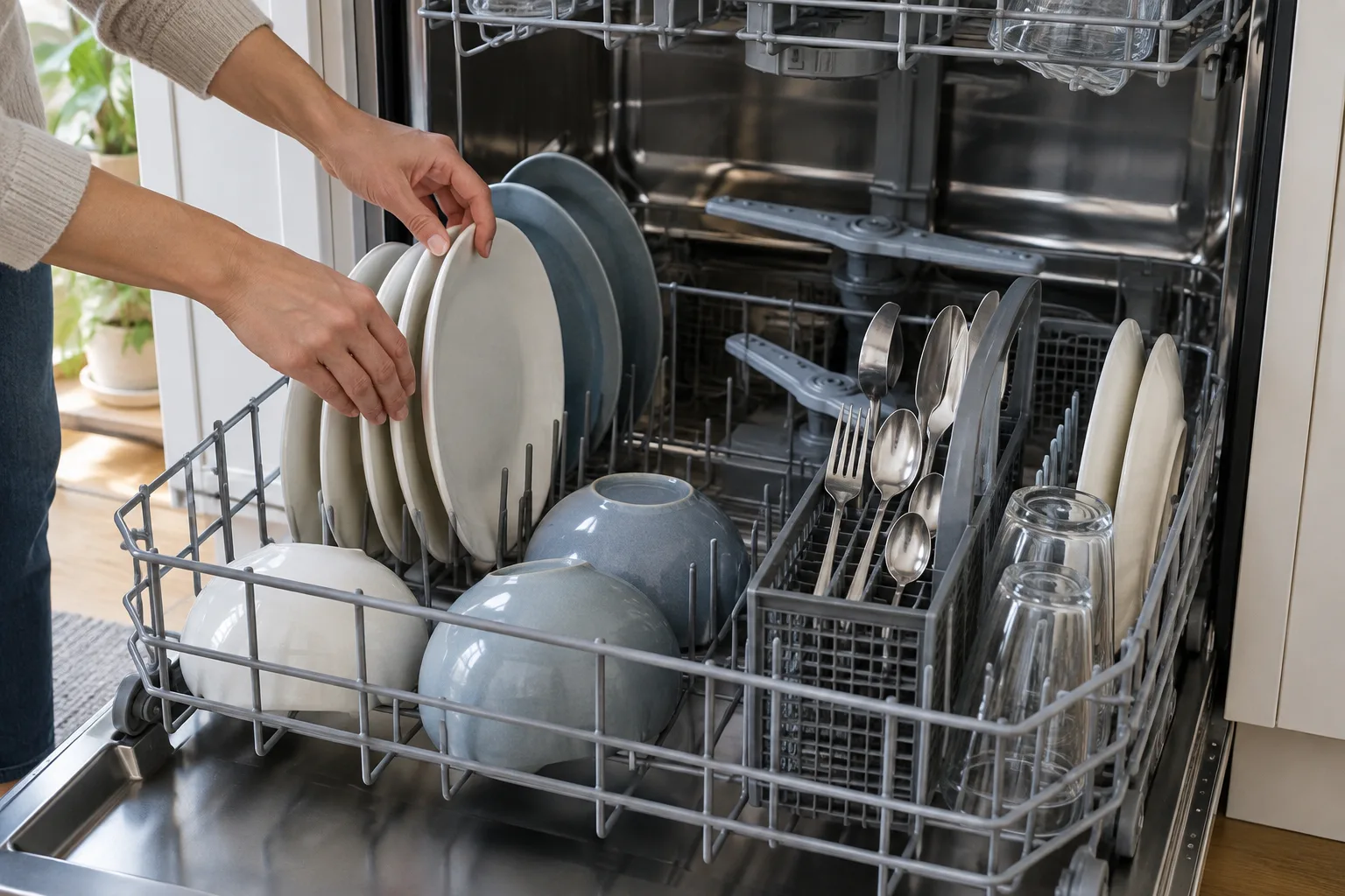 Des mains rangent assiettes et bols dans un lave-vaisselle sans les empiler.