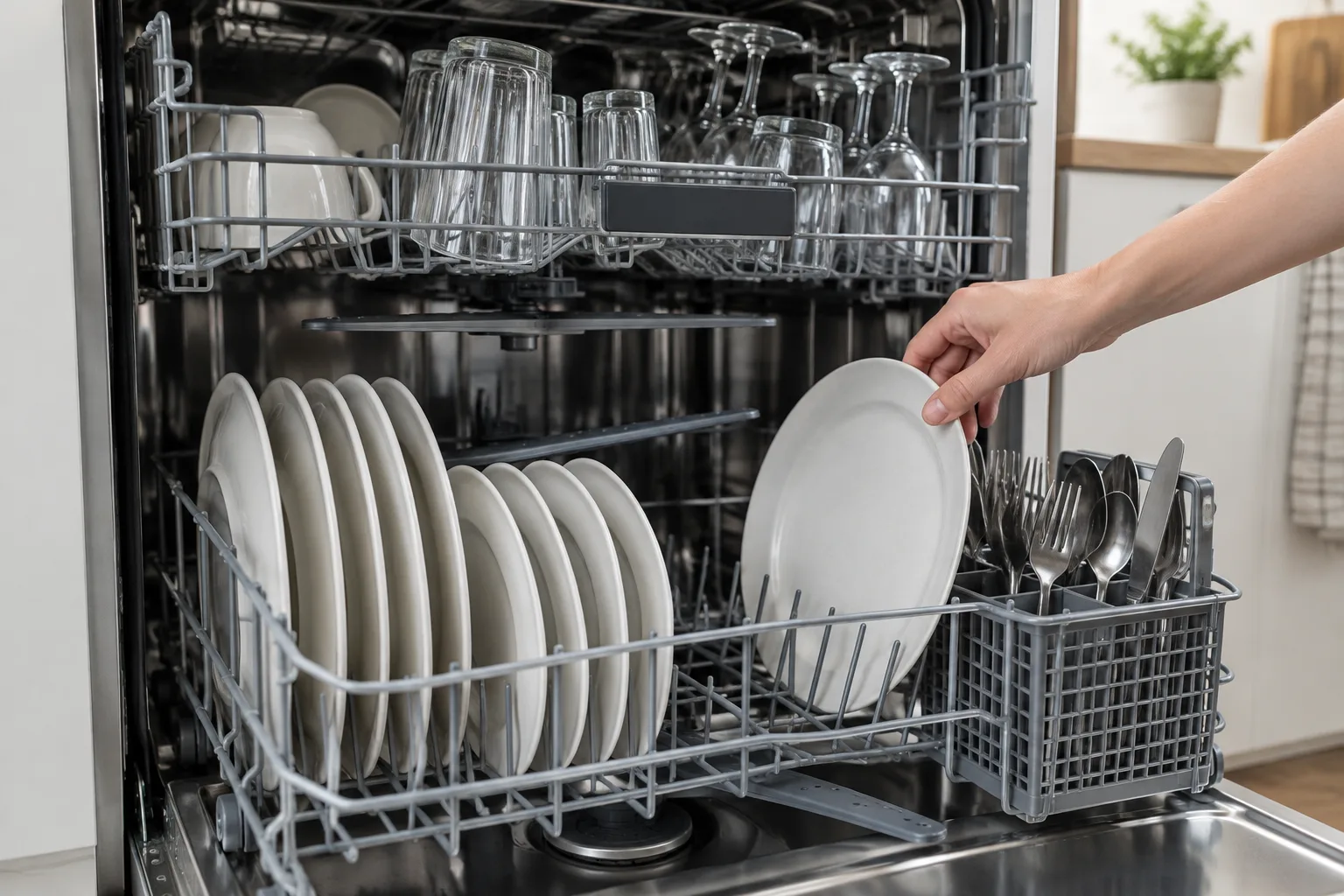 Des assiettes espacées et des verres bien rangés dans un lave-vaisselle ouvert.